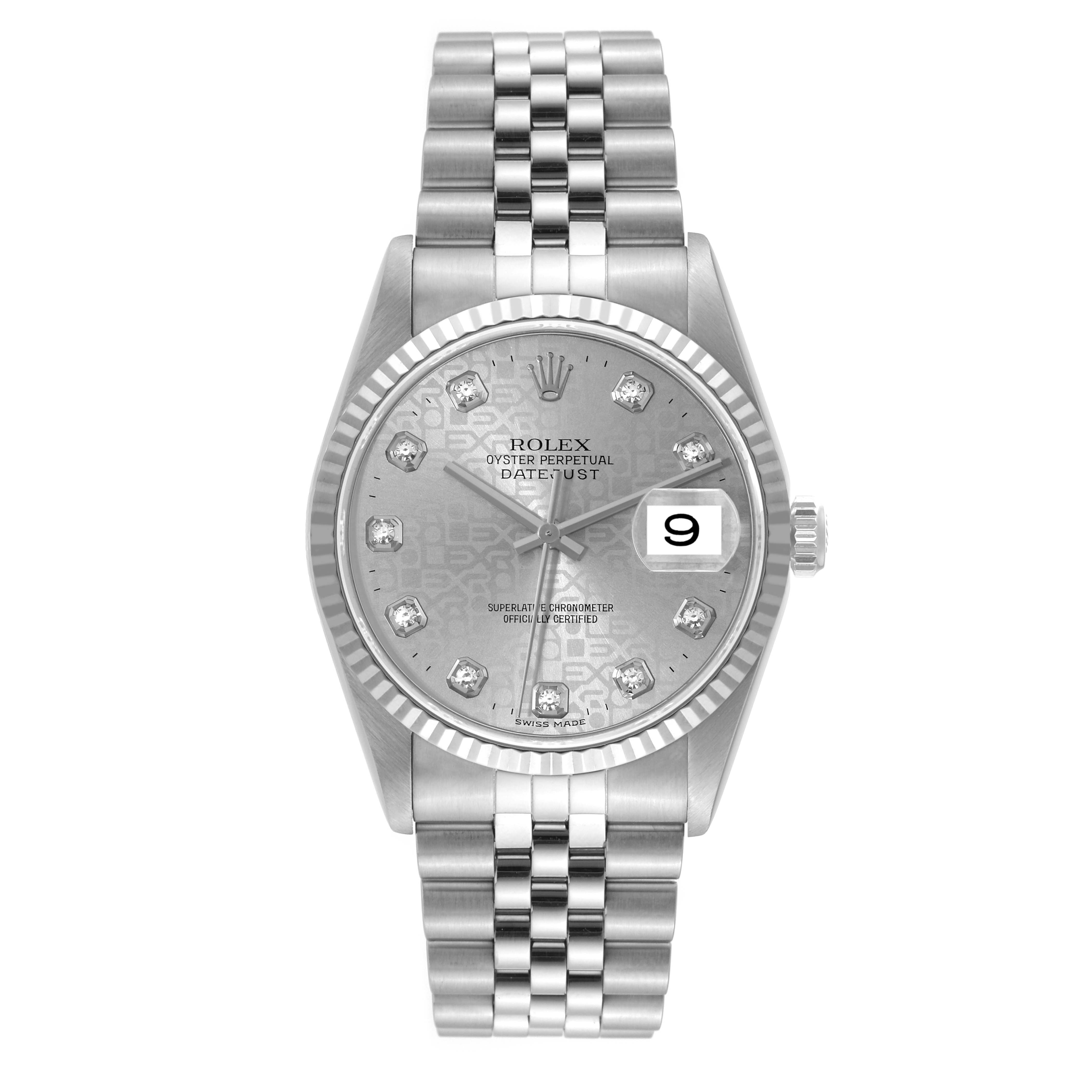 This image shows a Rolex Datejust 16234 Men
s Stainless Steel Silver Dial 16234 Men
s Stainless Steel Silver Dial watch from a front angle, displaying its dial, bezel, and bracelet in full view.