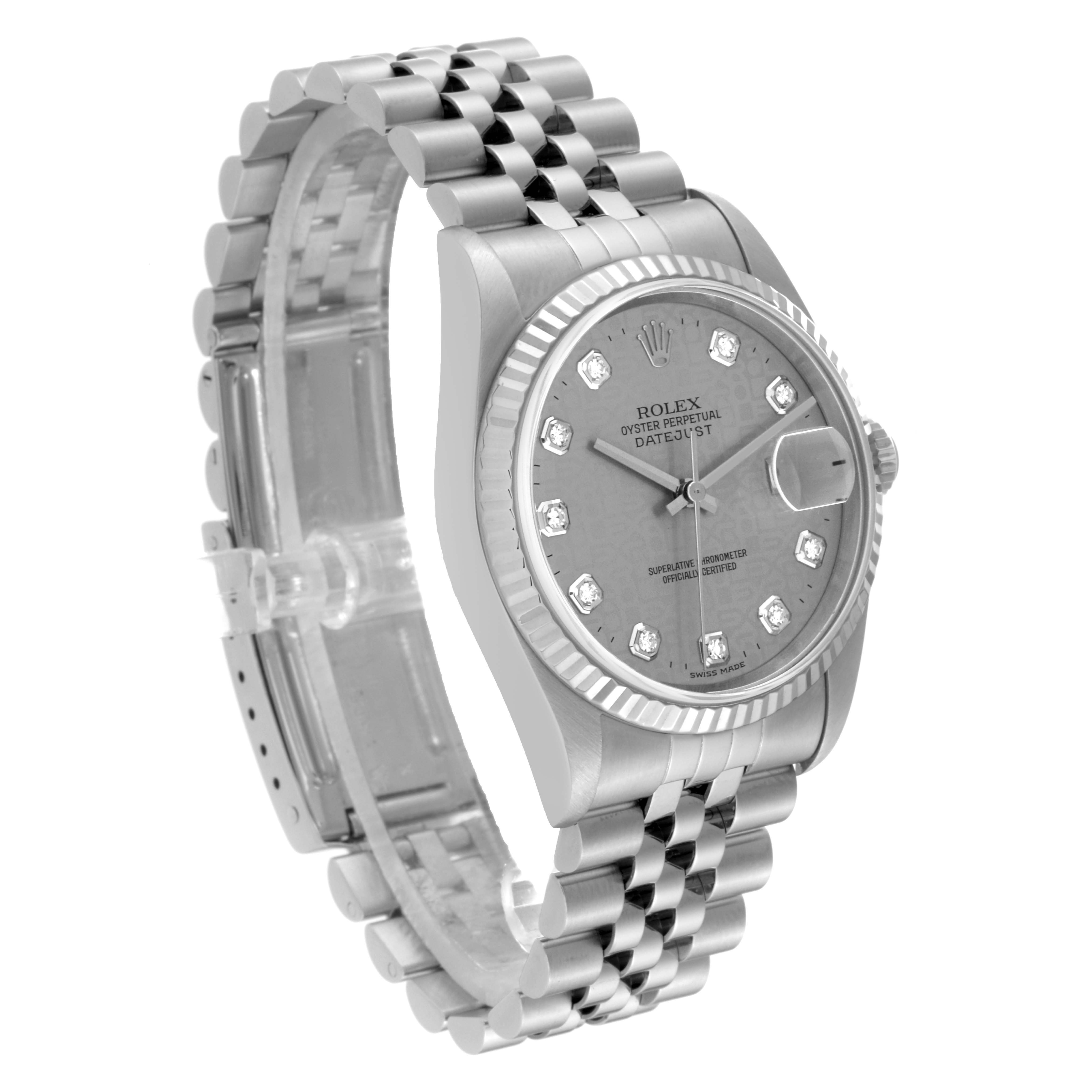 The image shows a Rolex Datejust 16234 Men
s Stainless Steel Silver Dial 16234 Men
s Stainless Steel Silver Dial watch at an angled side view focusing on the face, bezel, and part of the jubilee bracelet.