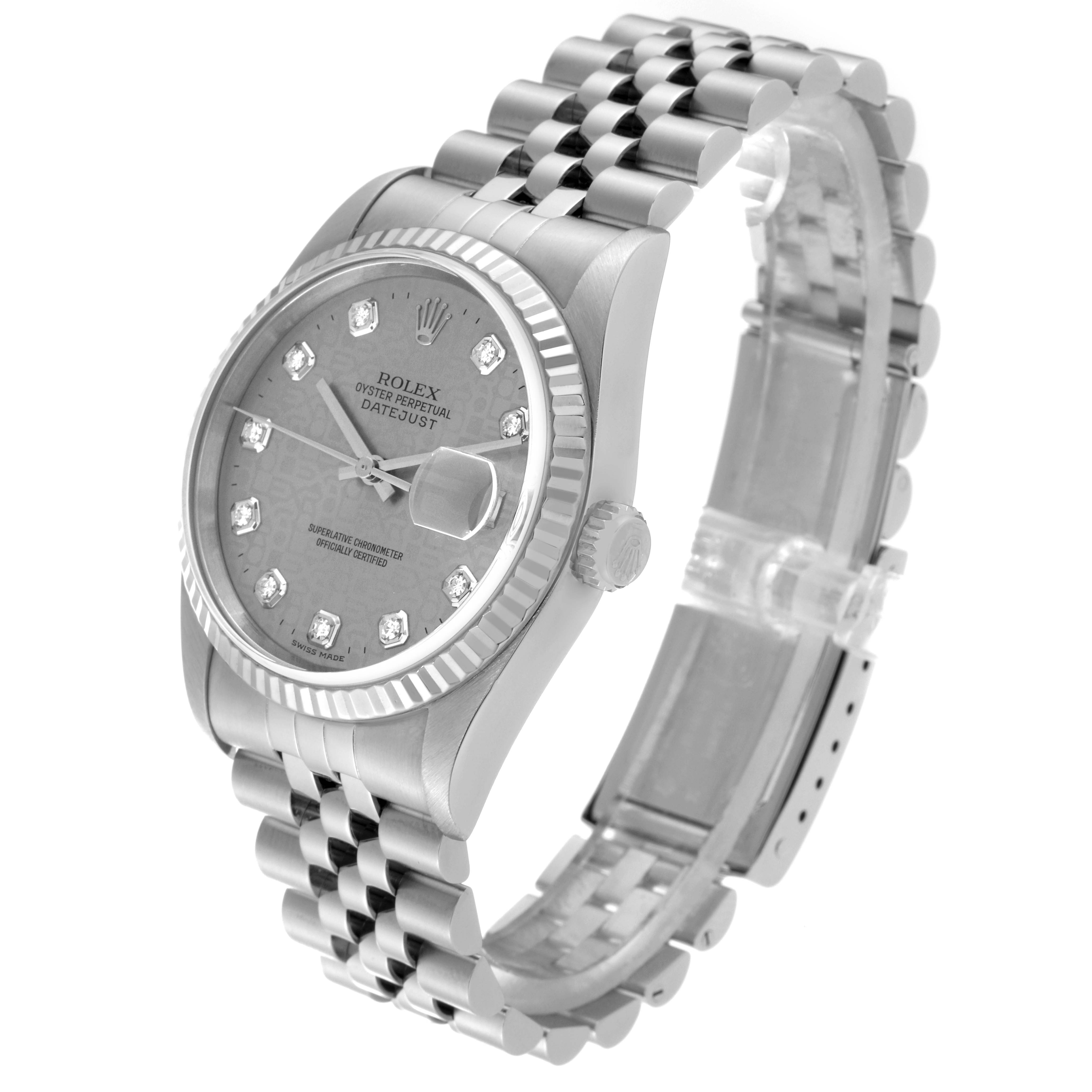The image shows a Rolex Datejust 16234 Men
s Stainless Steel Silver Dial 16234 Men
s Stainless Steel Silver Dial watch at a three-quarter angle, highlighting its dial, bezel, crown, and Jubilee bracelet.