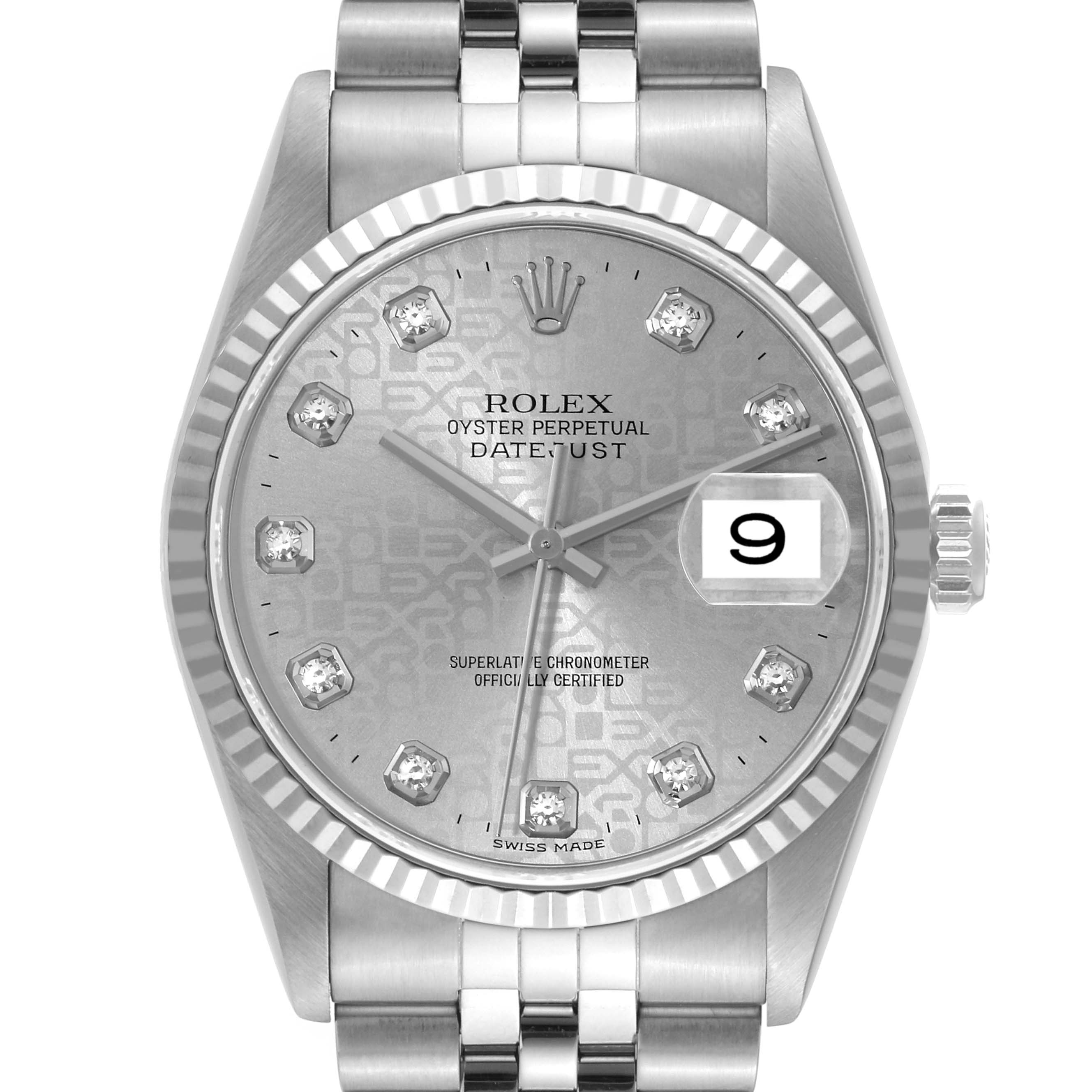 This image shows a front view of the Rolex Datejust 16234 Men
s Stainless Steel Silver Dial 16234 Men
s Stainless Steel Silver Dial watch, highlighting its dial, bezel, and part of the bracelet.