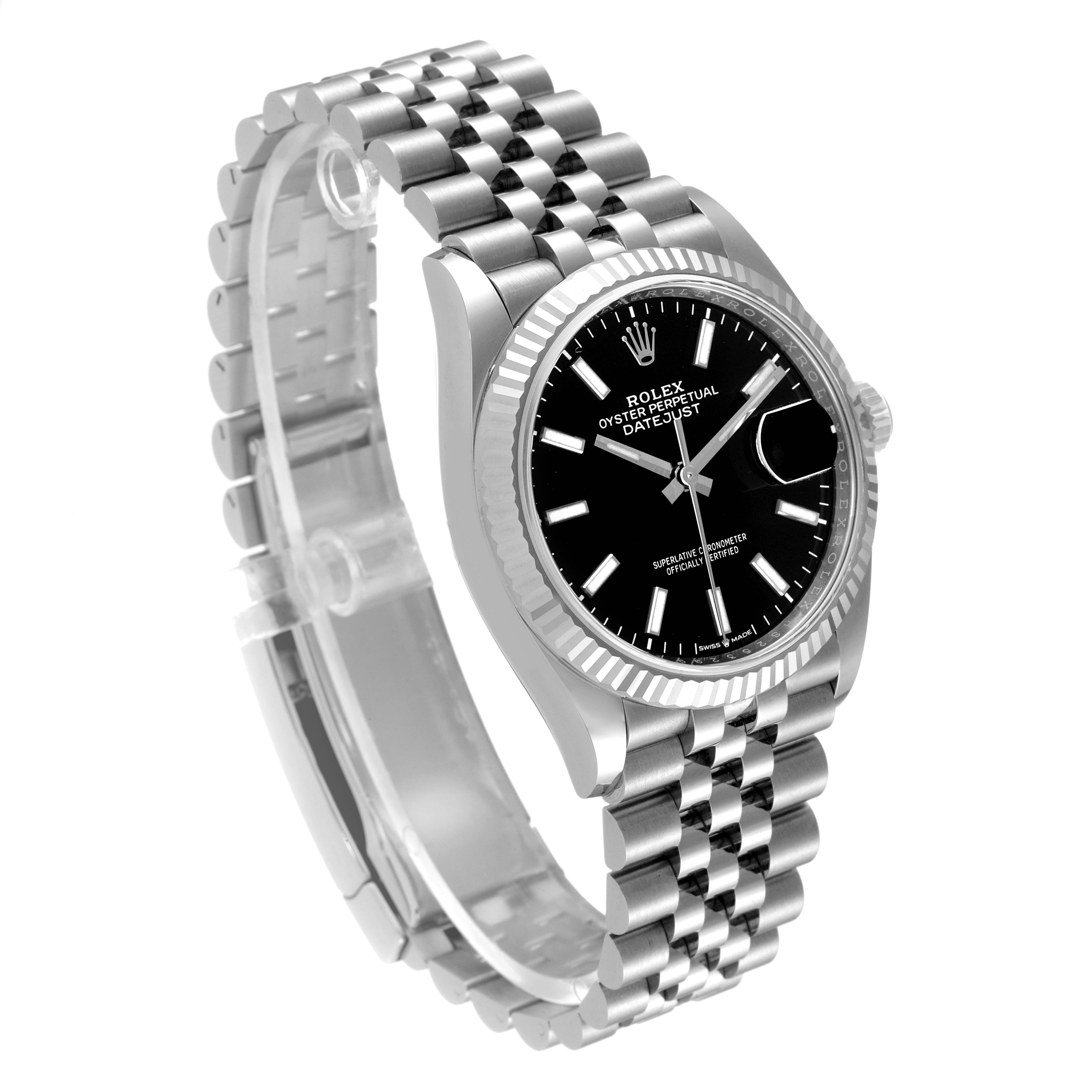 The image shows a side angle of a Rolex Datejust 126234 Men
s Stainless Steel Black Dial 126234 Men
s Stainless Steel Black Dial watch, highlighting its black dial, fluted bezel, and jubilee bracelet.