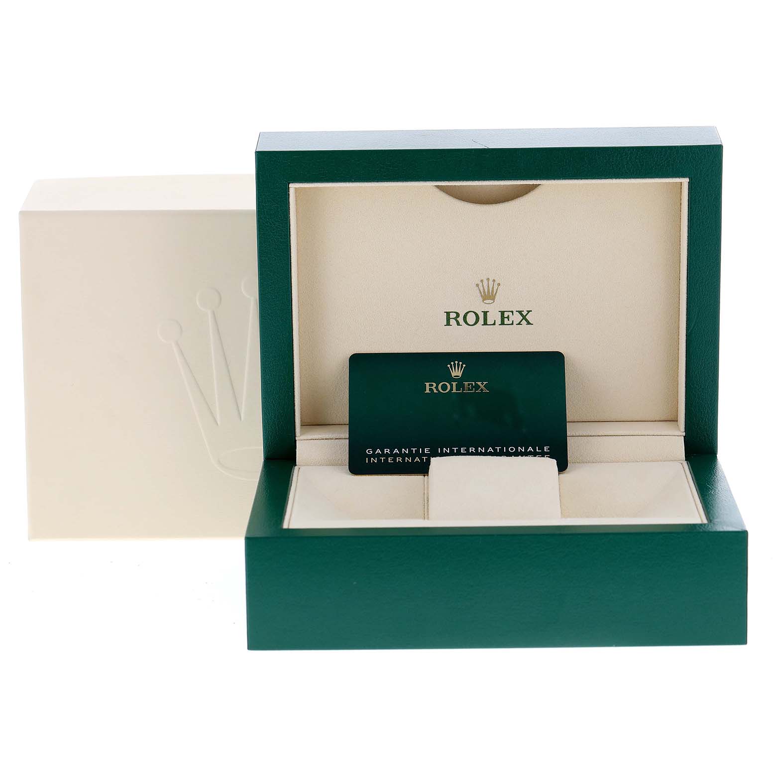 The image shows a Rolex Datejust 126234 Men
s Stainless Steel Black Dial 126234 Men
s Stainless Steel Black Dial watch box with an open lid, revealing a warranty card inside.