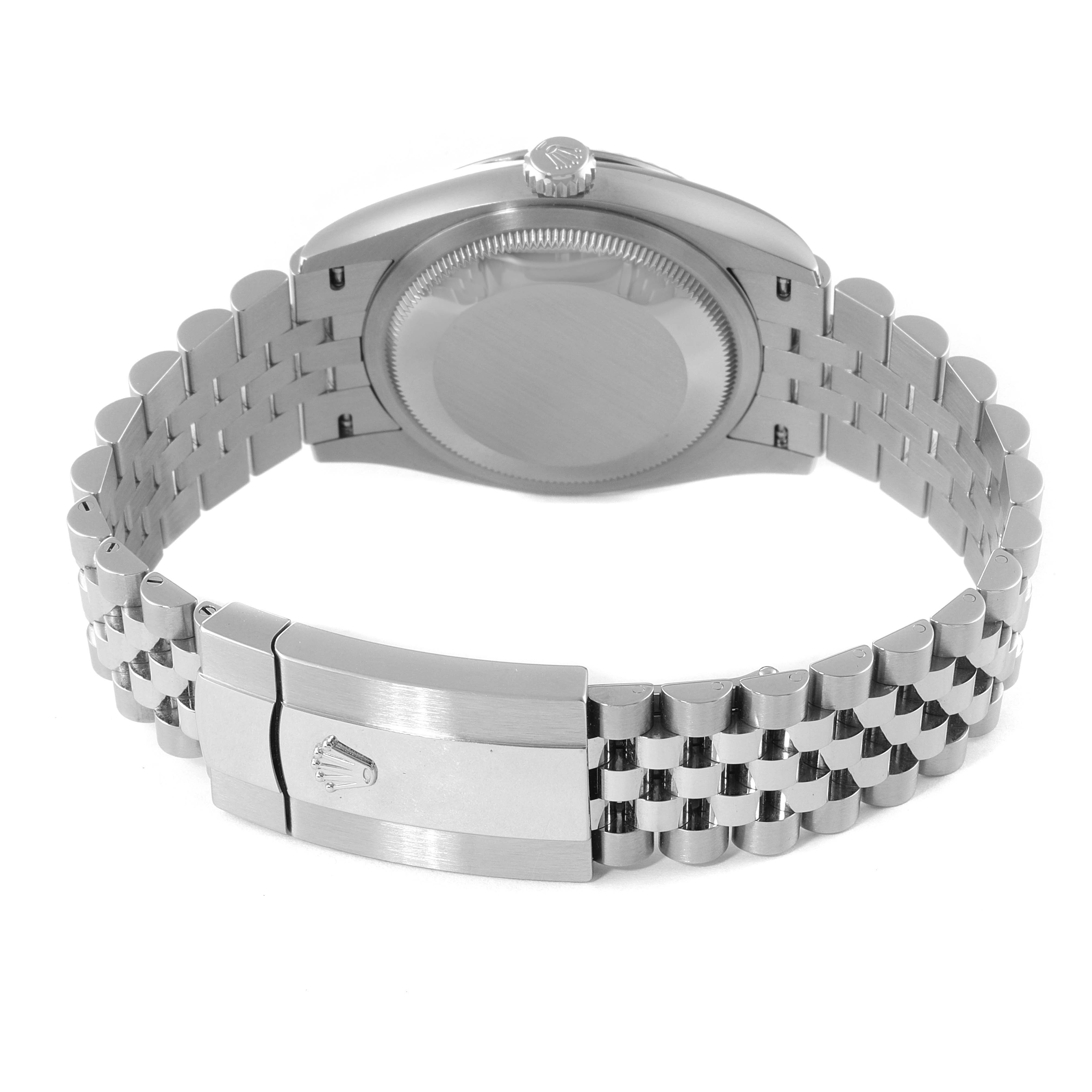 The image shows the back view of a Rolex Datejust 126234 Men
s Stainless Steel Black Dial 126234 Men
s Stainless Steel Black Dial watch, focusing on its case back, crown, and bracelet clasp.