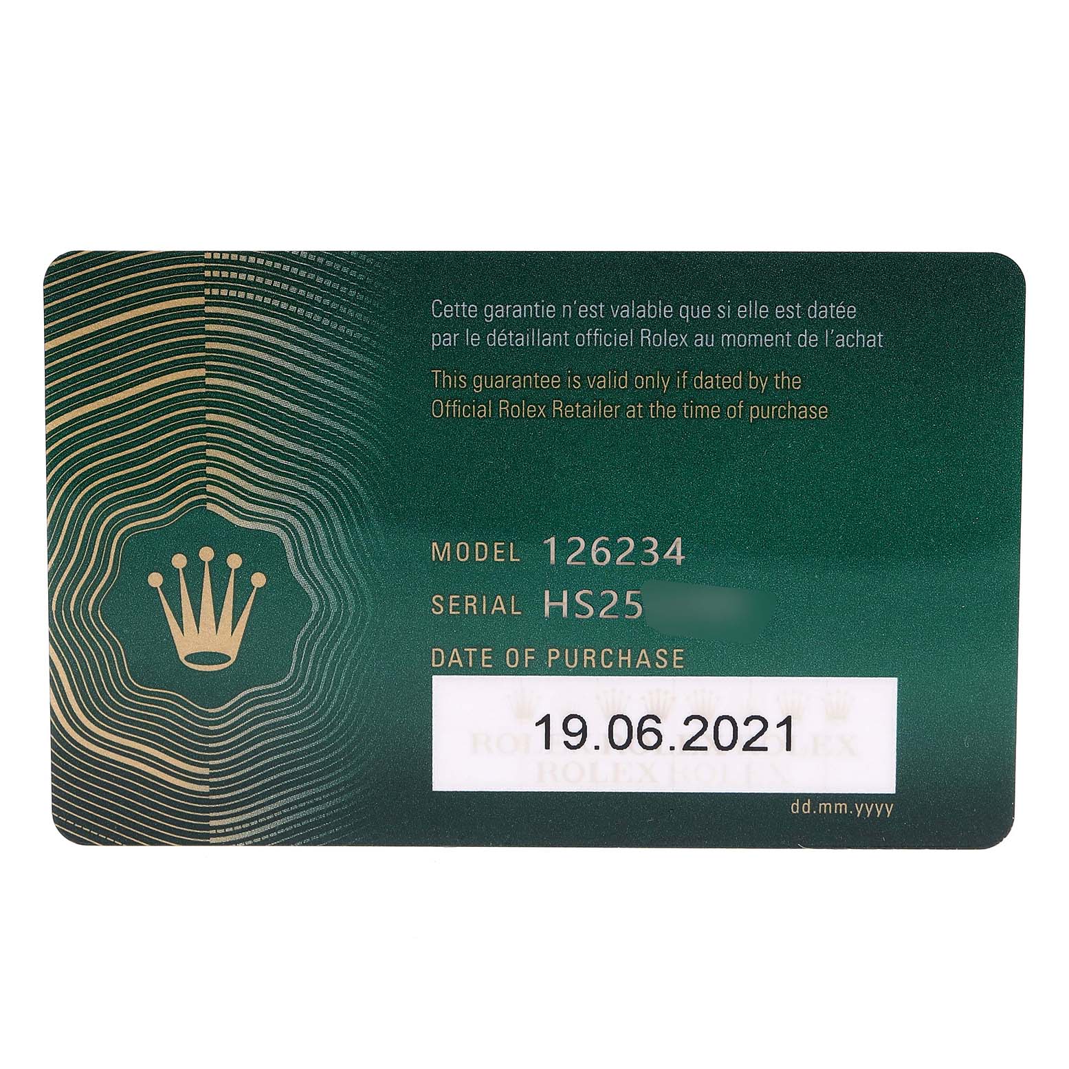 This image shows the warranty card for a Rolex Datejust 126234 Men
s Stainless Steel Black Dial 126234 Men
s Stainless Steel Black Dial model 126234, including the serial number and date of purchase.