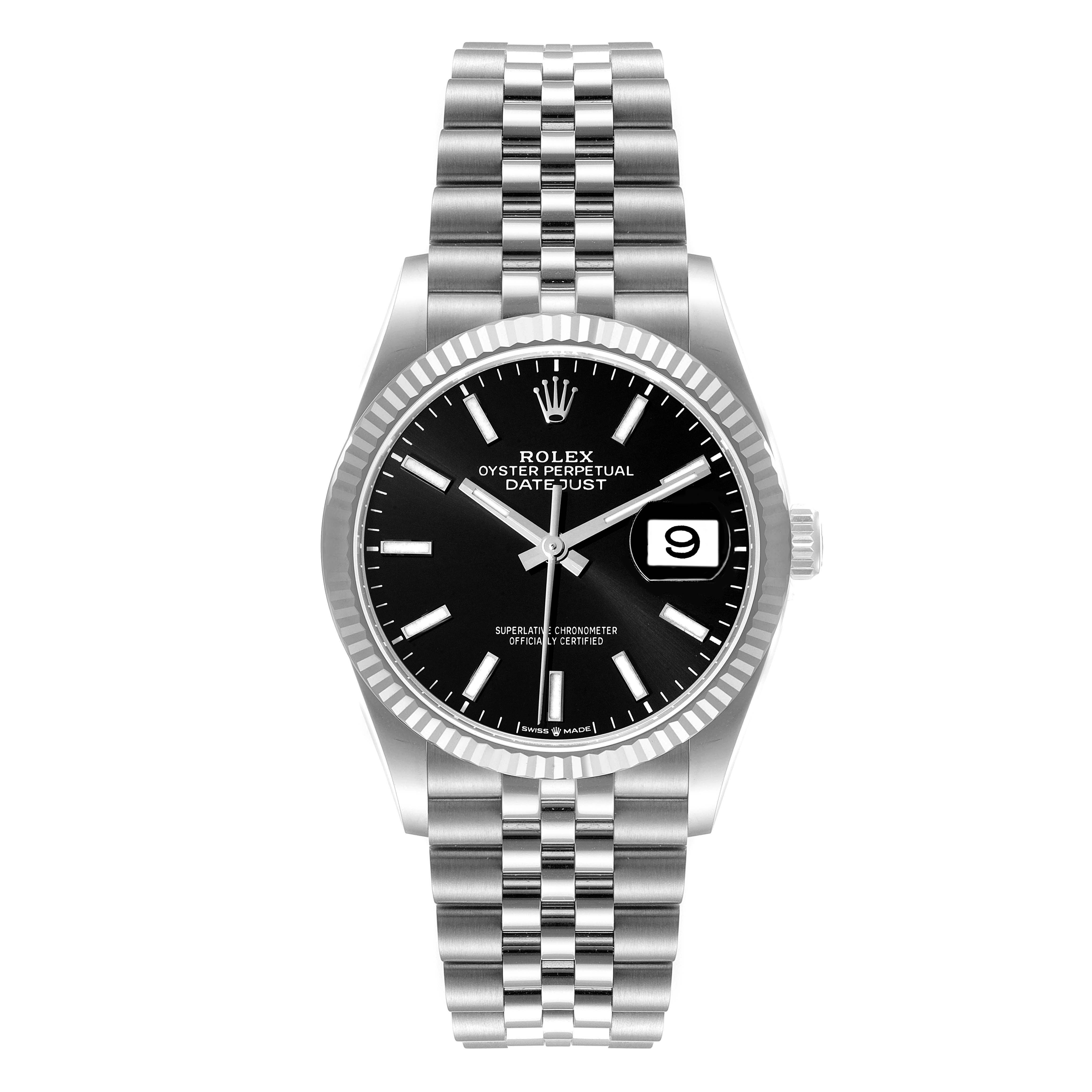 The image shows a front view of a Rolex Datejust 126234 Men
s Stainless Steel Black Dial 126234 Men
s Stainless Steel Black Dial watch featuring a black dial and a jubilee bracelet.