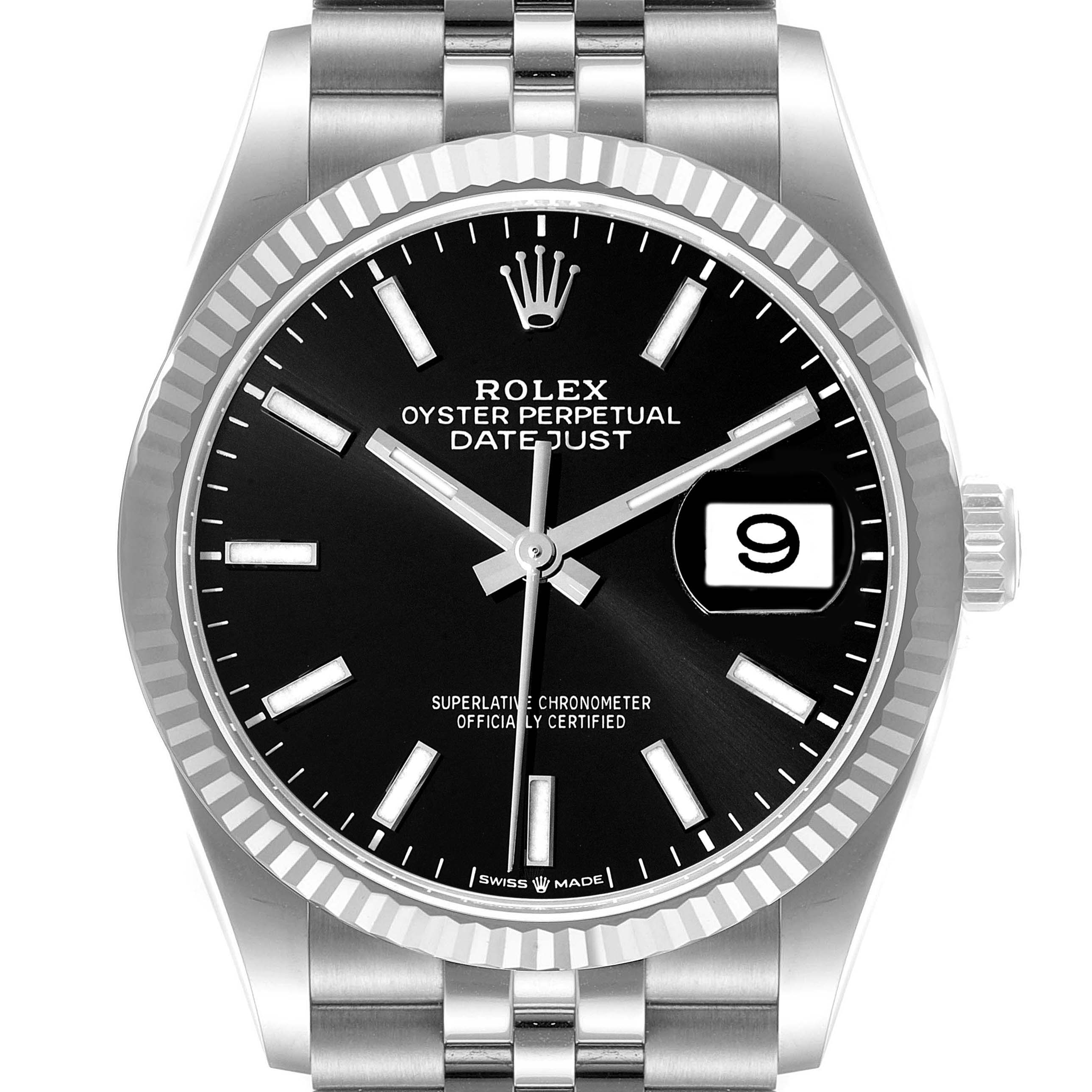 The image shows a front view of the Rolex Datejust 126234 Men
s Stainless Steel Black Dial 126234 Men
s Stainless Steel Black Dial watch, highlighting its dial, markers, date window, and bracelet.
