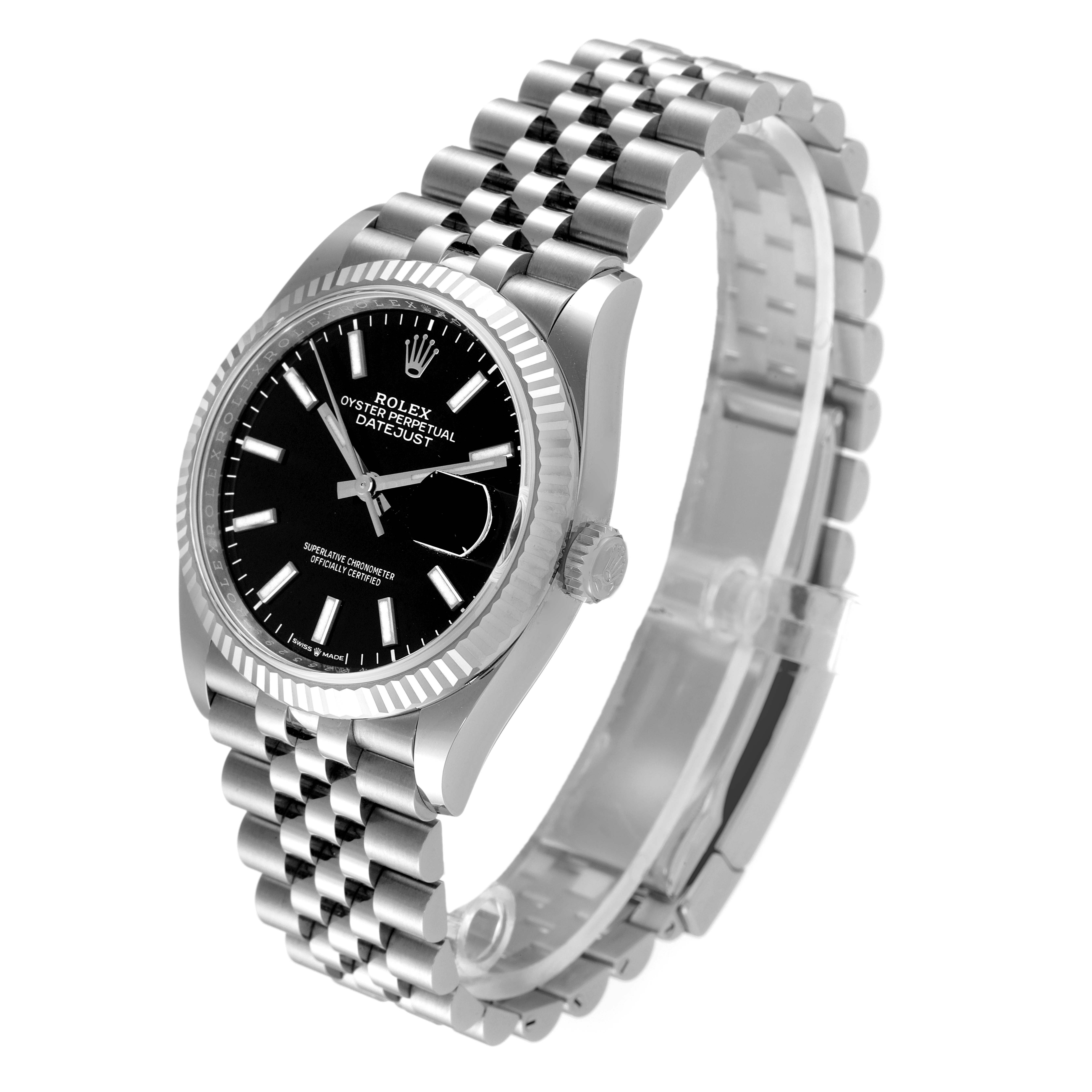This image shows a Rolex Datejust 126234 Men
s Stainless Steel Black Dial 126234 Men
s Stainless Steel Black Dial watch at a side angle, highlighting the face, bezel, crown, and jubilee bracelet.