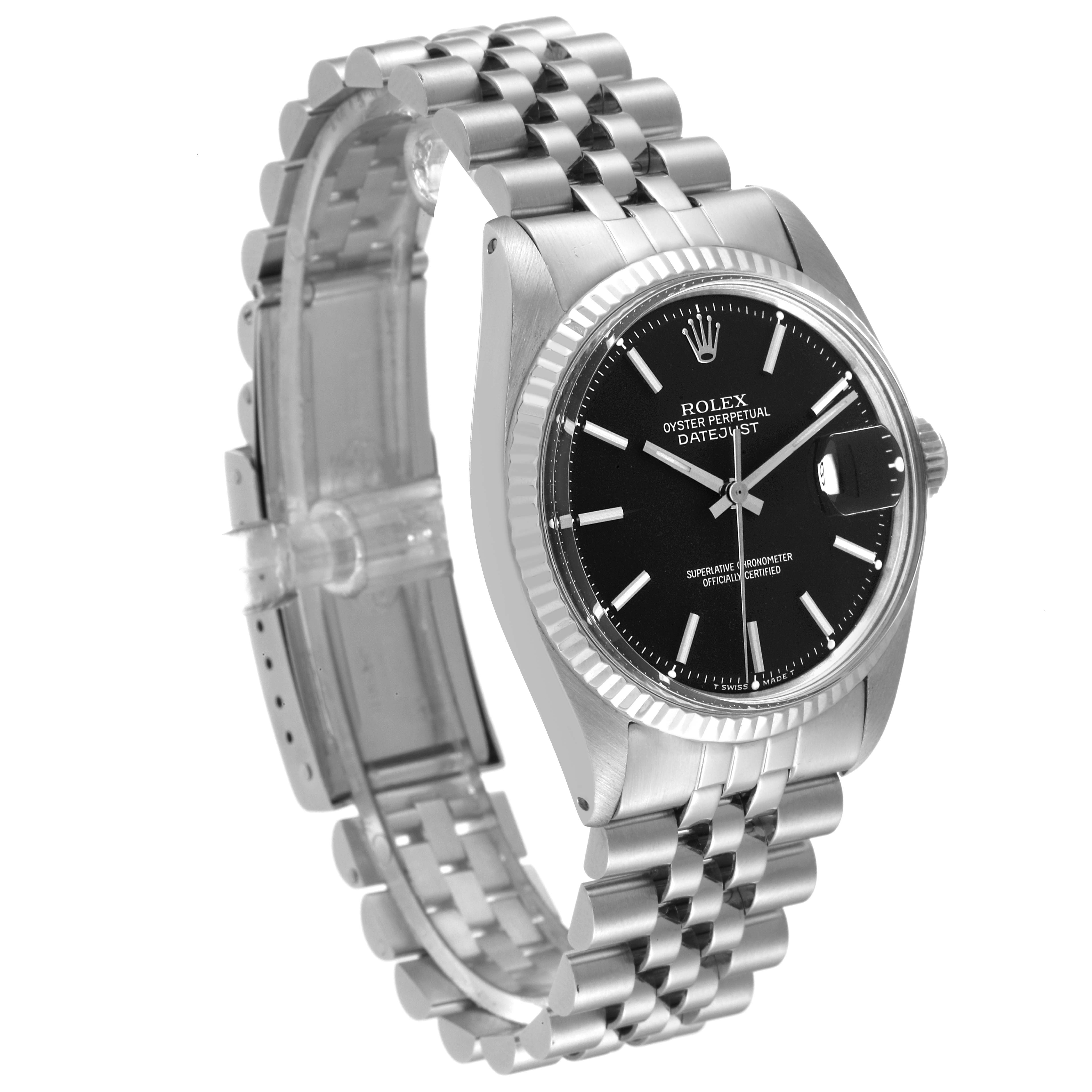 The image shows a side angle of a Rolex Vintage Collection 1601 Men
s Stainless Steel Black Dial 1601 Men
s Stainless Steel Black Dial Datejust watch, displaying its black dial, fluted bezel, and Jubilee bracelet.