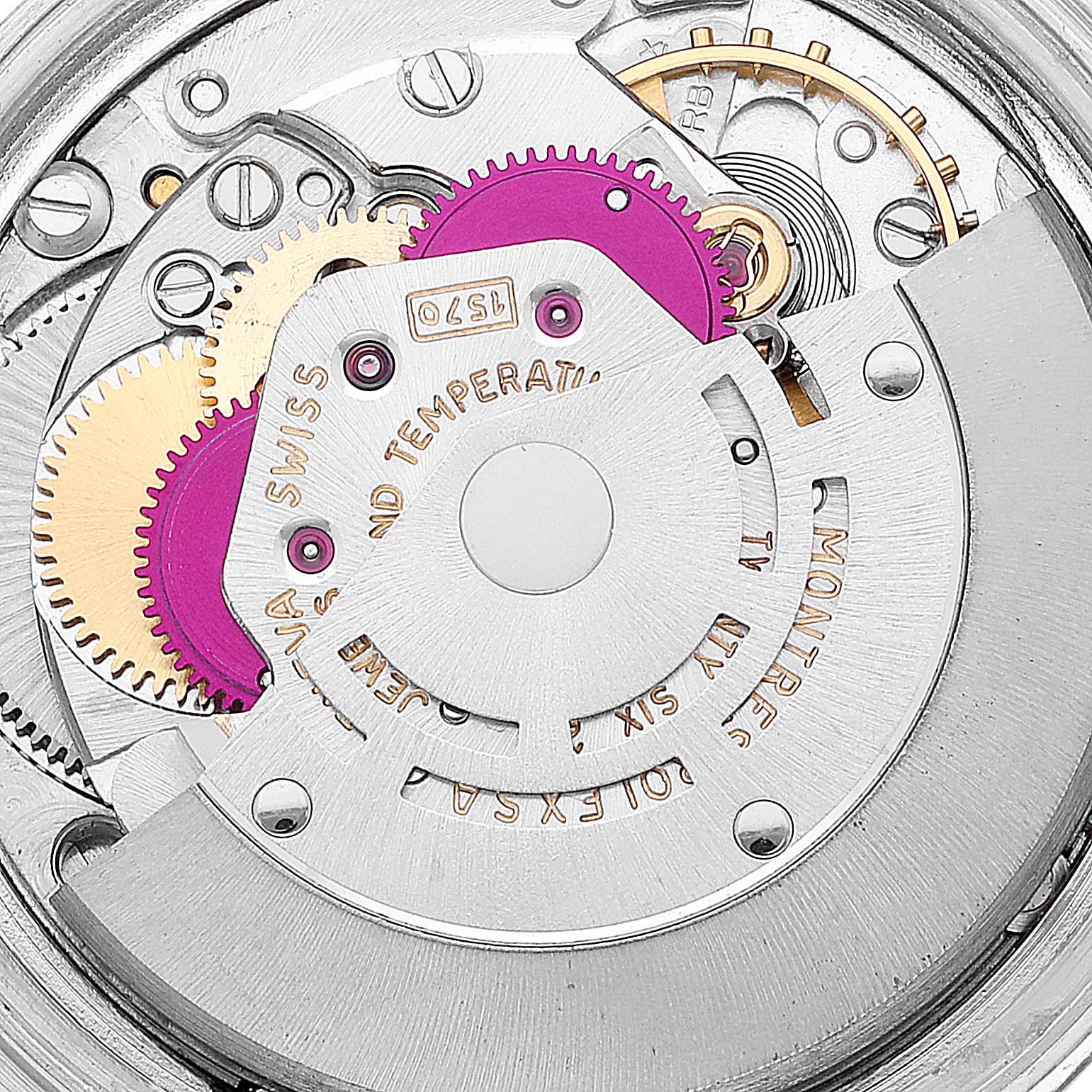 The image shows a close-up view of the internal movement of a Rolex Vintage Collection 1601 Men
s Stainless Steel Black Dial 1601 Men
s Stainless Steel Black Dial watch.