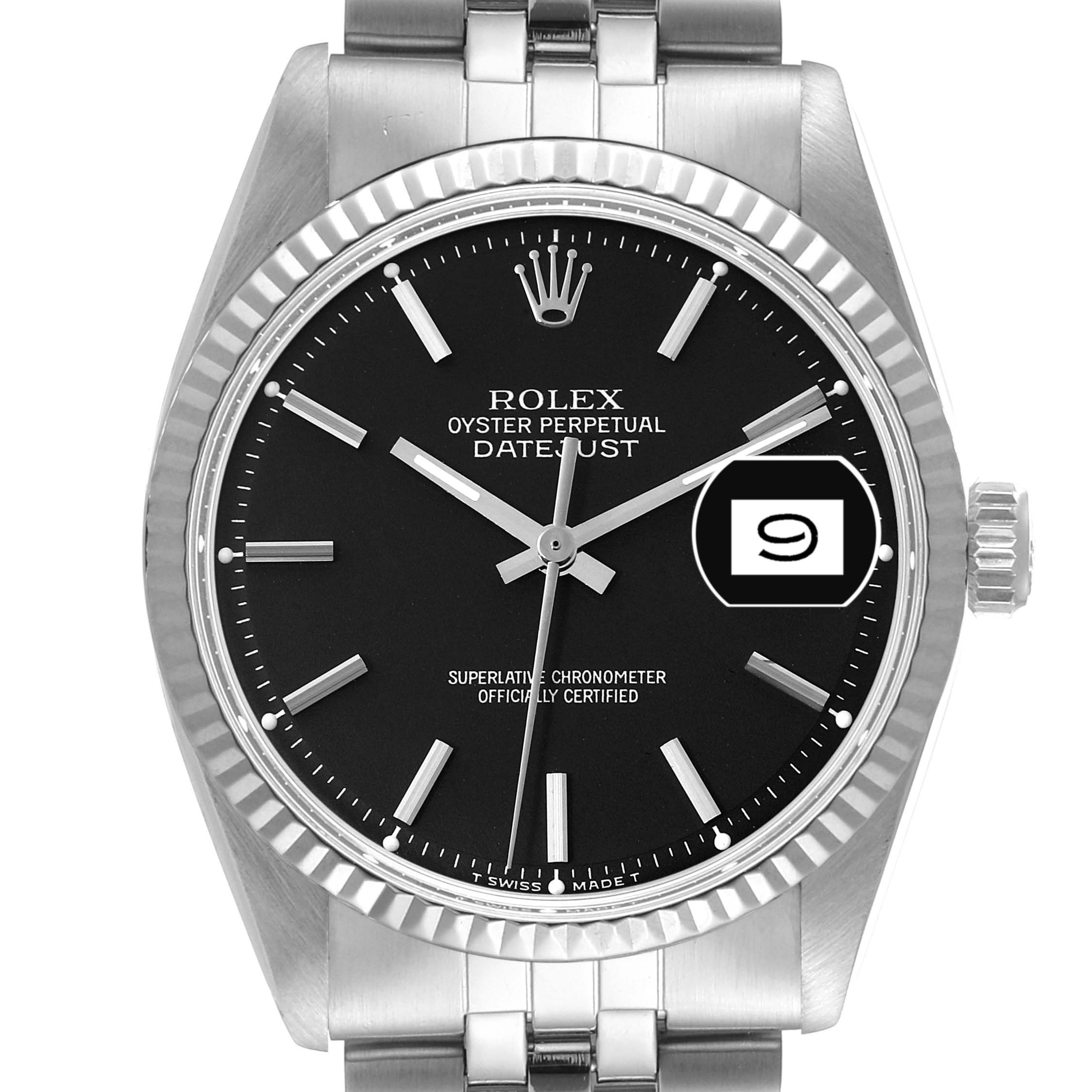 The image displays a front view of the Rolex Datejust Vintage Collection watch, highlighting the watch face and bracelet.