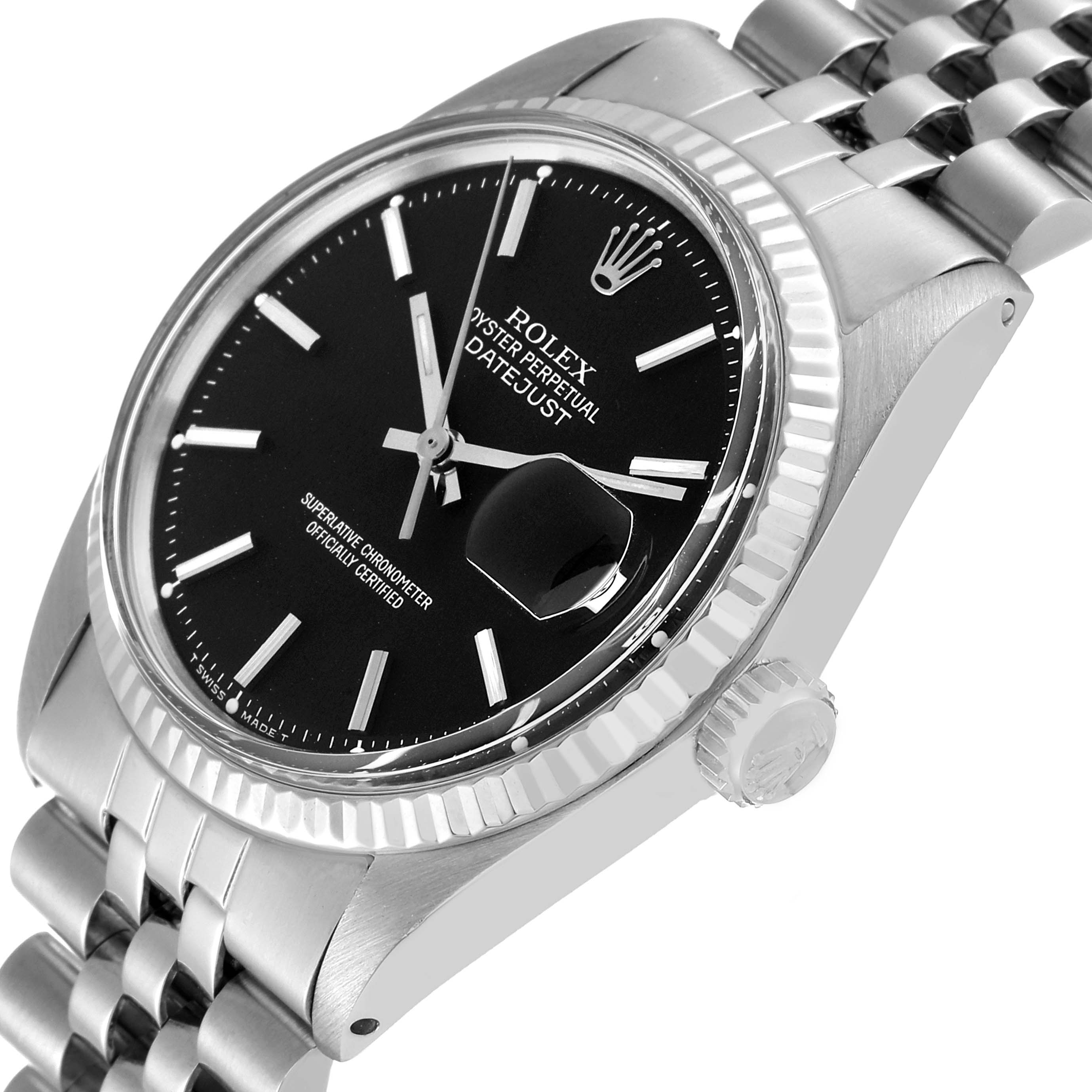 This image shows a side angle of the Rolex Vintage Collection 1601 Men
s Stainless Steel Black Dial 1601 Men
s Stainless Steel Black Dial Datejust, featuring its black dial, fluted bezel, crown, and Jubilee bracelet.