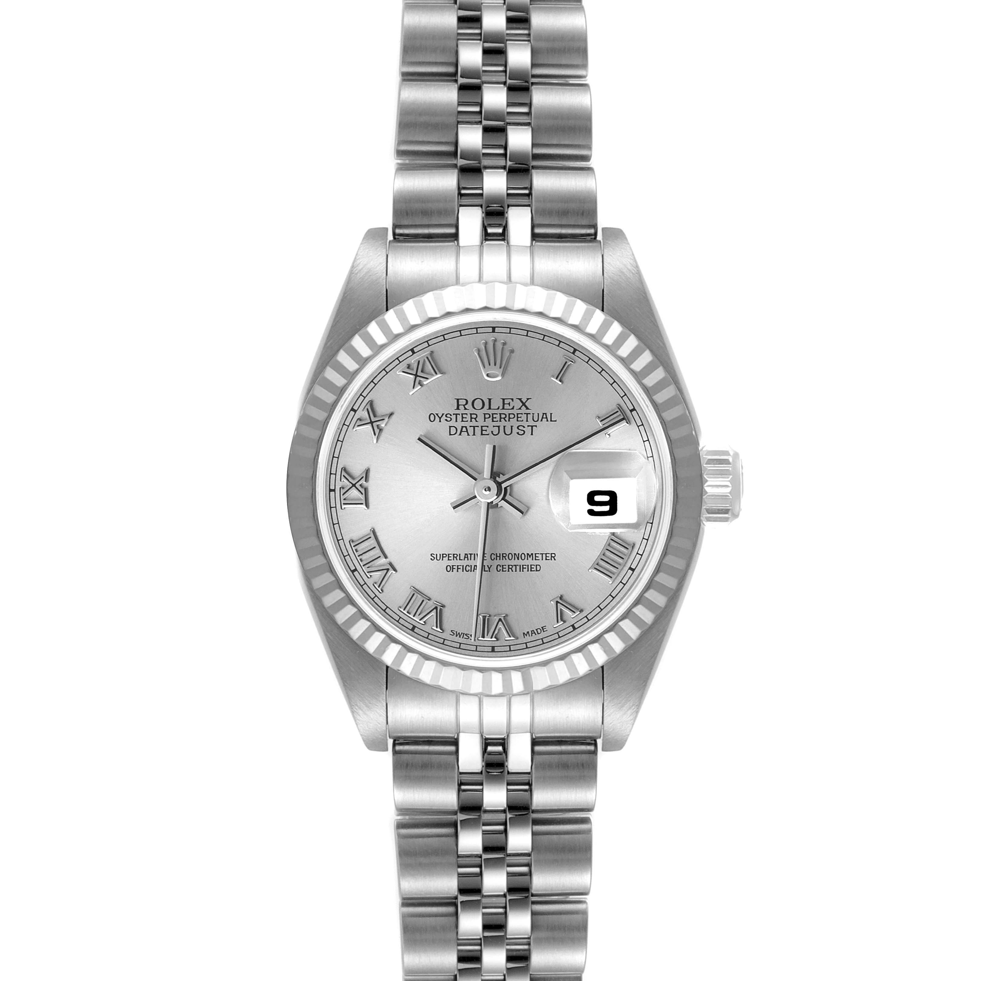 The Rolex Datejust 79174 Women
s Stainless Steel Silver Dial 79174 Women
s Stainless Steel Silver Dial watch is shown from a straight-on angle, displaying its silver dial, fluted bezel, and jubilee bracelet.