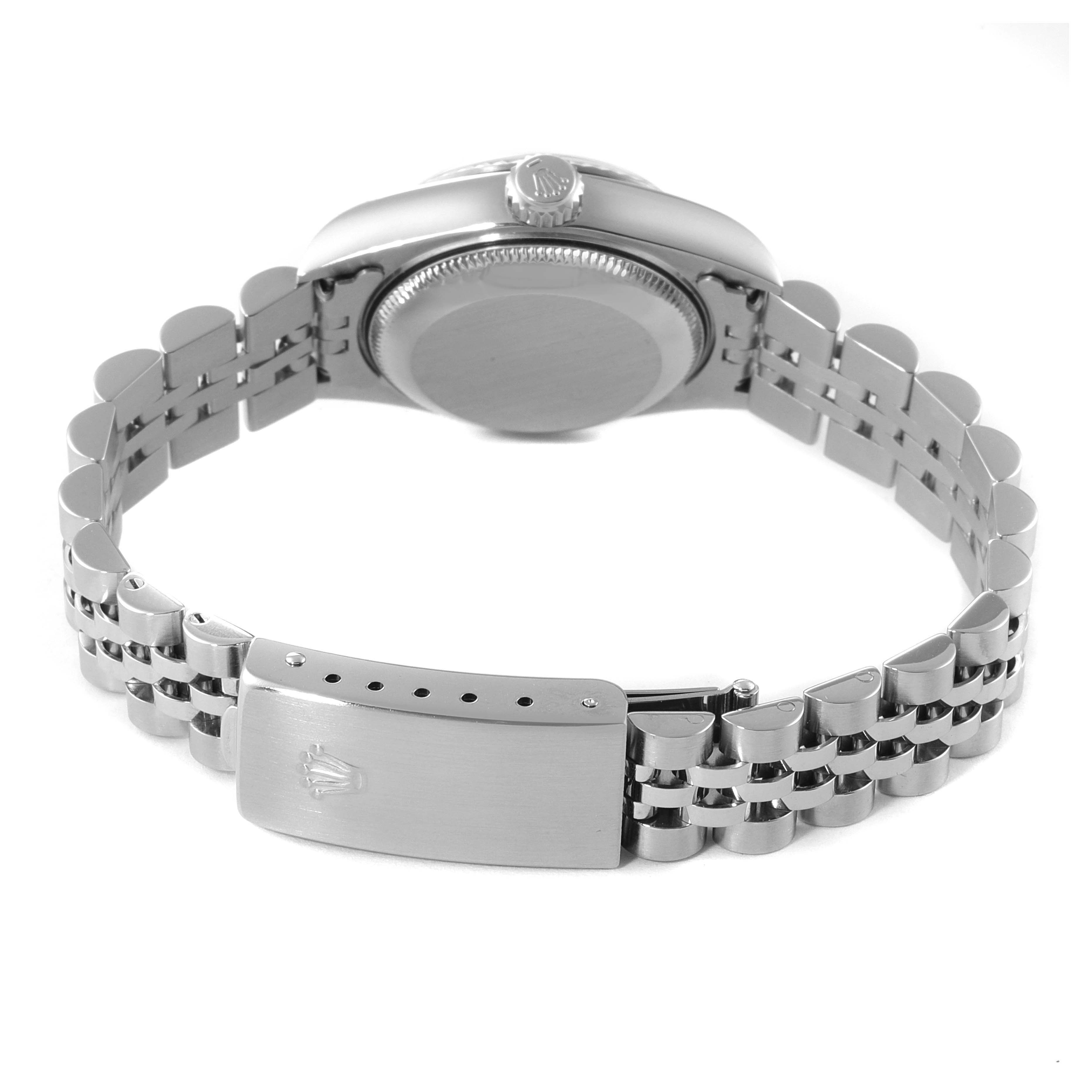 The image shows the back case and metal bracelet of a Rolex Datejust 79174 Women
s Stainless Steel Silver Dial 79174 Women
s Stainless Steel Silver Dial watch from a rear angle.