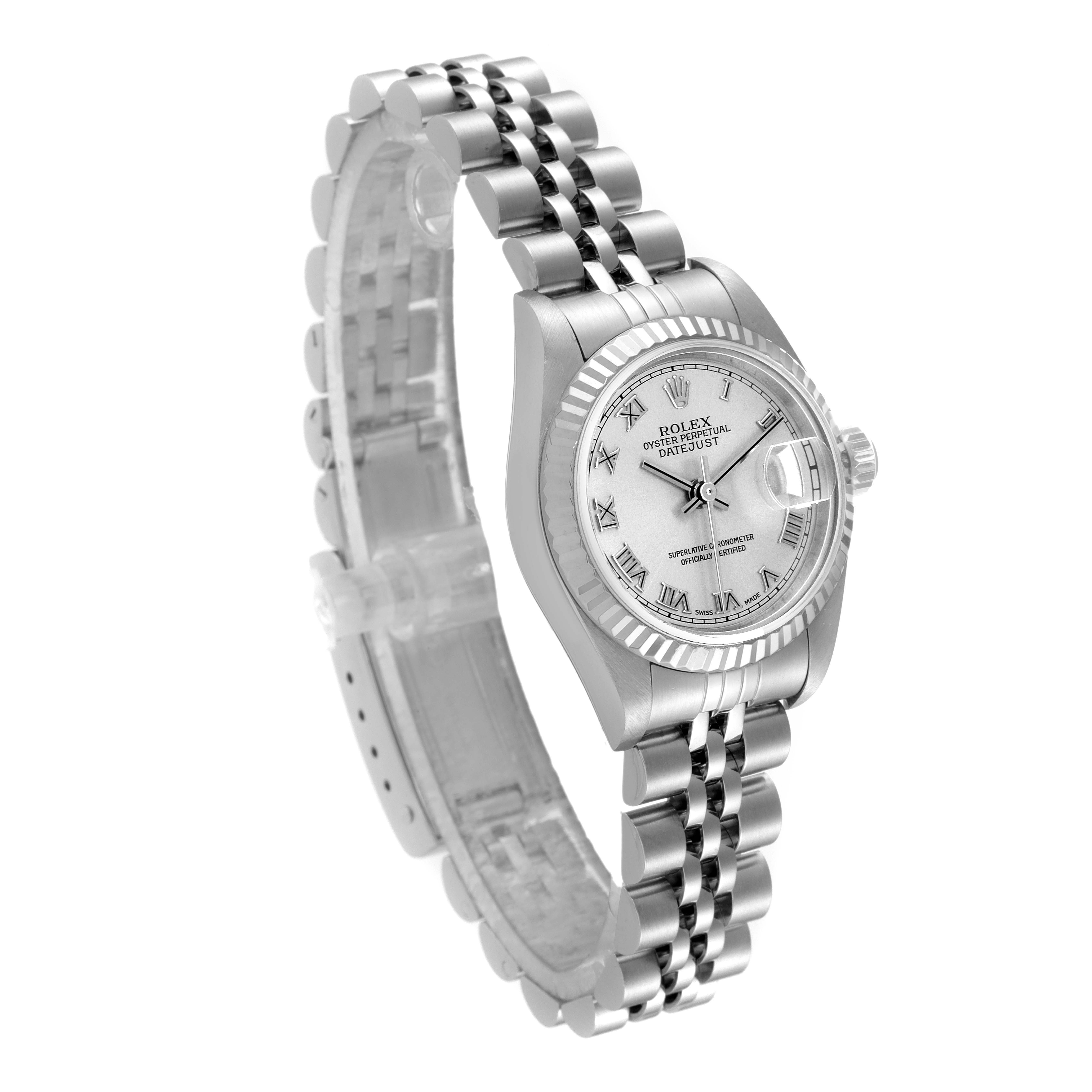 This image shows a Rolex Datejust 79174 Women
s Stainless Steel Silver Dial 79174 Women
s Stainless Steel Silver Dial watch from an angled view, highlighting the face, bezel, and Jubilee bracelet.