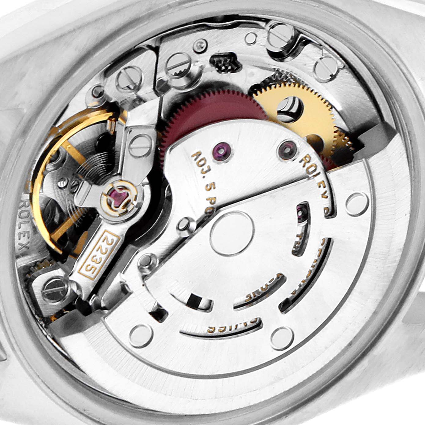 The image shows the internal movement mechanism of a Rolex Datejust 79174 Women
s Stainless Steel Silver Dial 79174 Women
s Stainless Steel Silver Dial watch viewed from the back.
