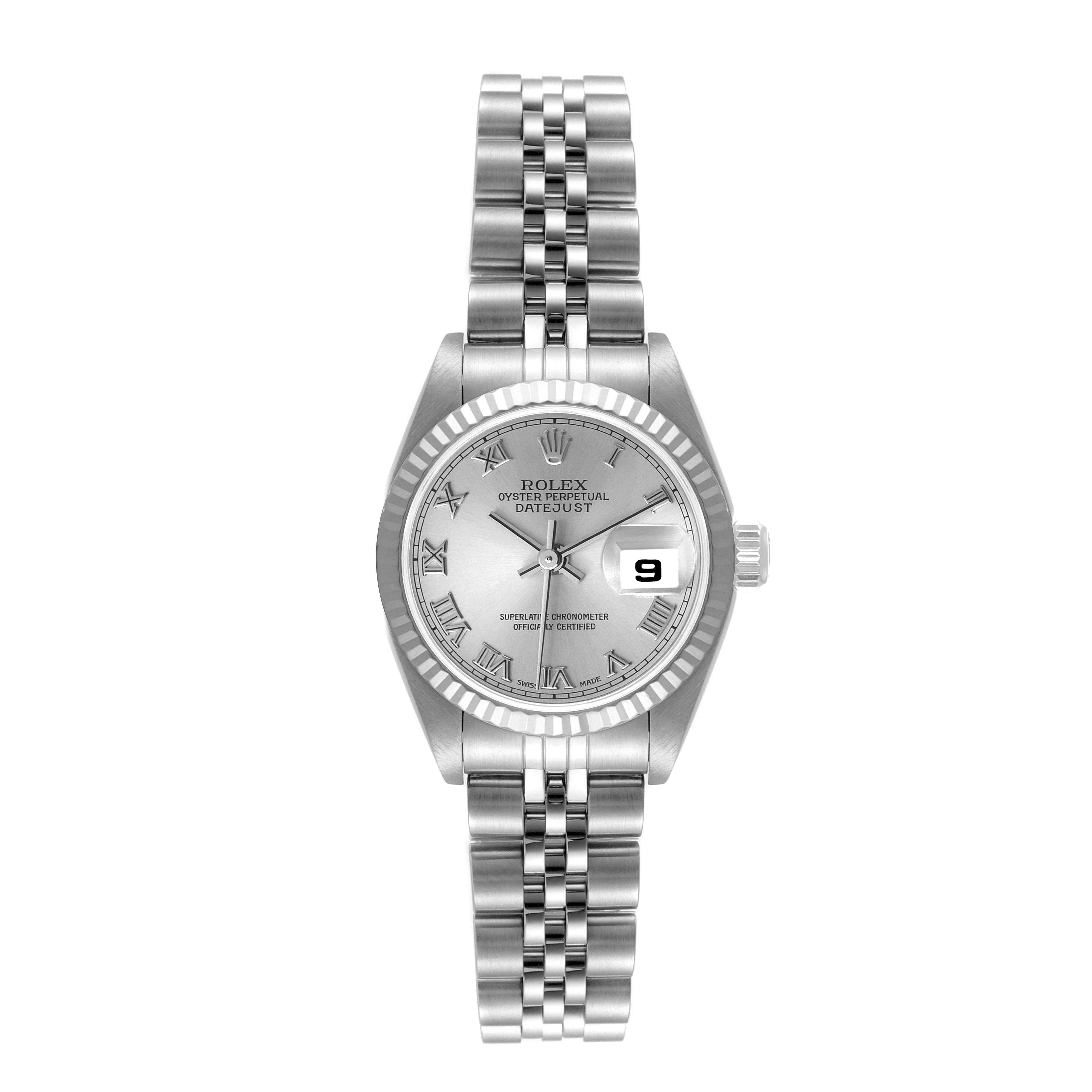 The image shows a front view of a Rolex Datejust 79174 Women
s Stainless Steel Silver Dial 79174 Women
s Stainless Steel Silver Dial watch, featuring its silver dial, date display, and Jubilee bracelet.