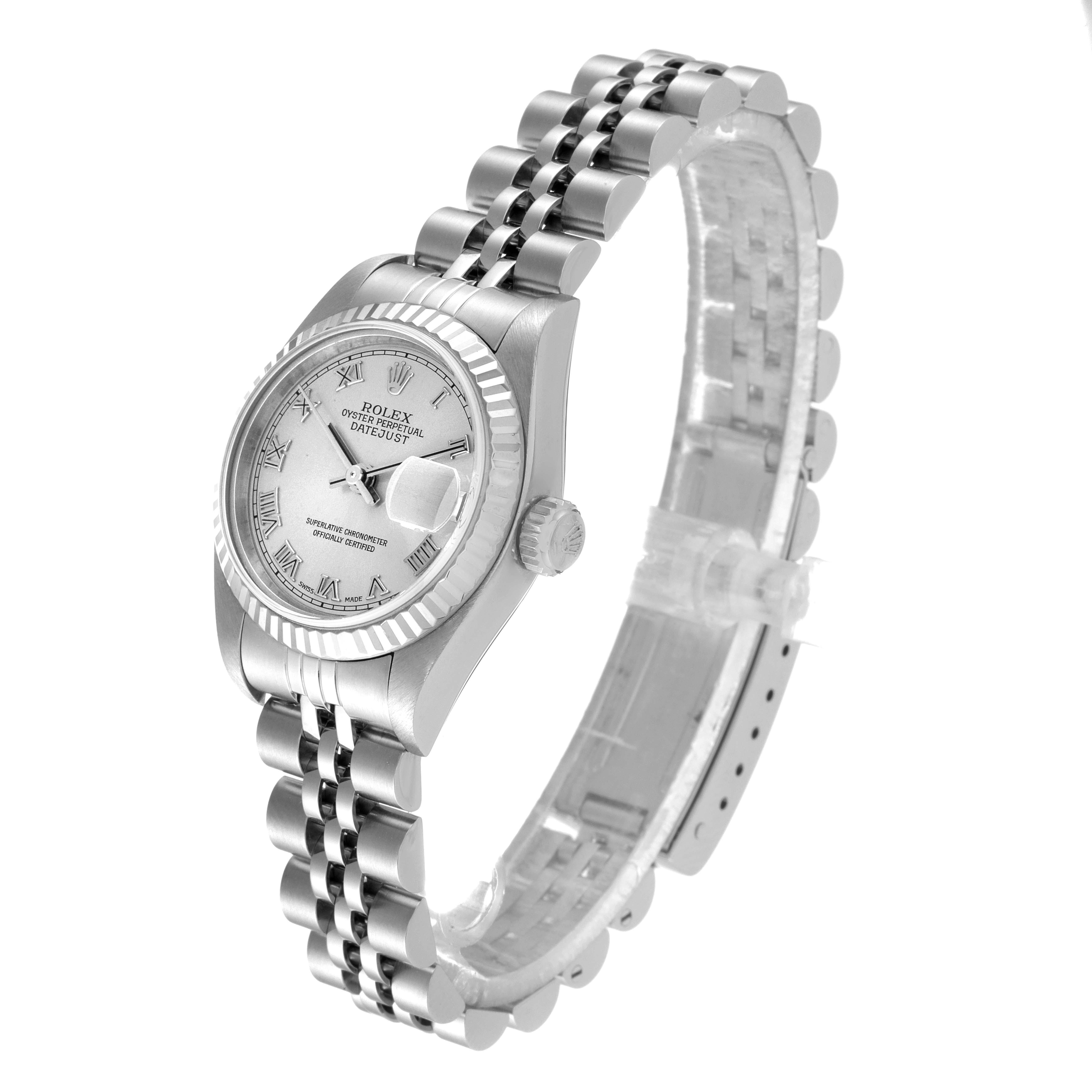 This image shows a Rolex Datejust 79174 Women
s Stainless Steel Silver Dial 79174 Women
s Stainless Steel Silver Dial watch from an angled front view, showcasing the dial, bezel, and Jubilee bracelet.