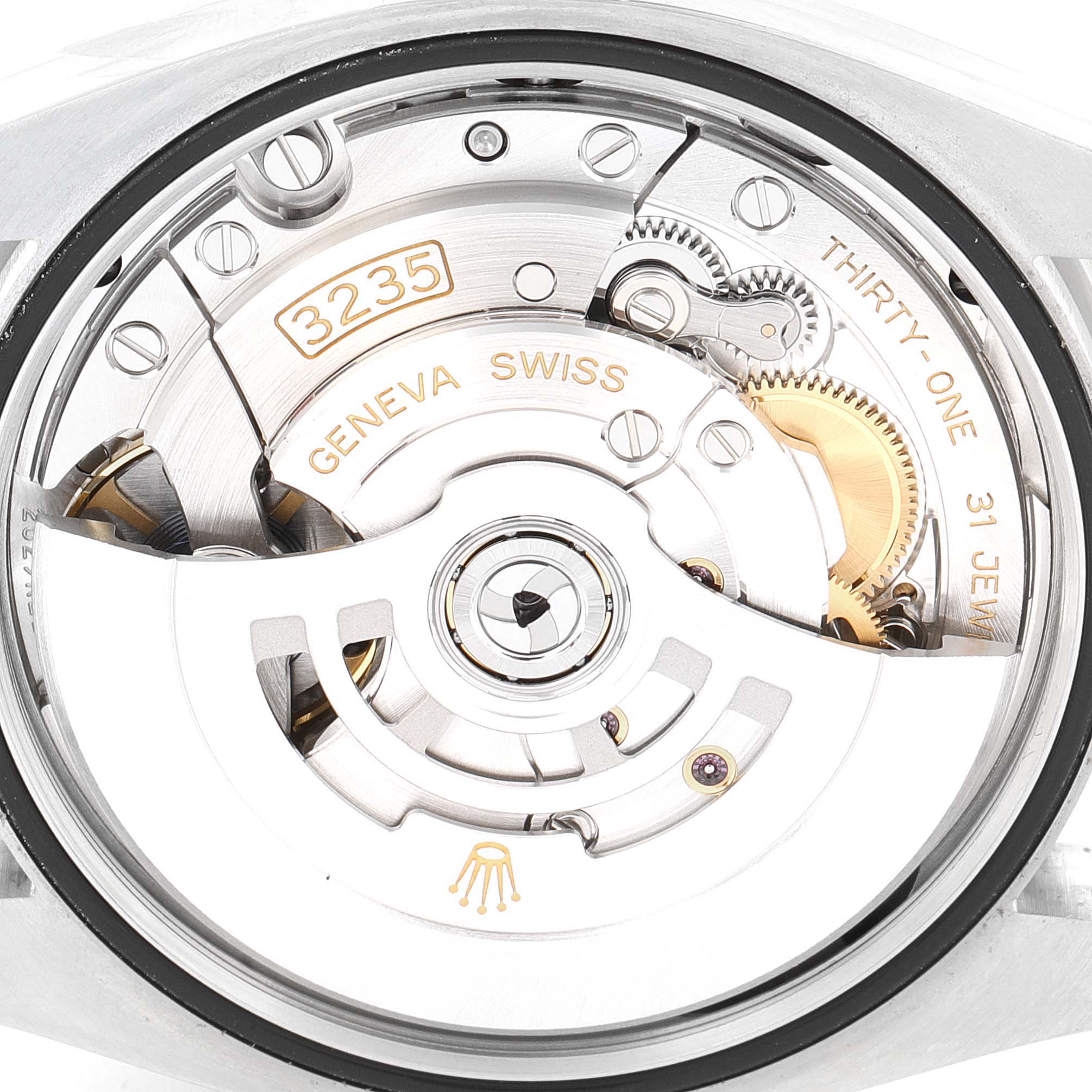 This image shows the internal mechanism of a Rolex Datejust 126234 Men's Stainless Steel Silver Dial 126234 Men's Stainless Steel Silver Dial watch, highlighting the 3235 movement.