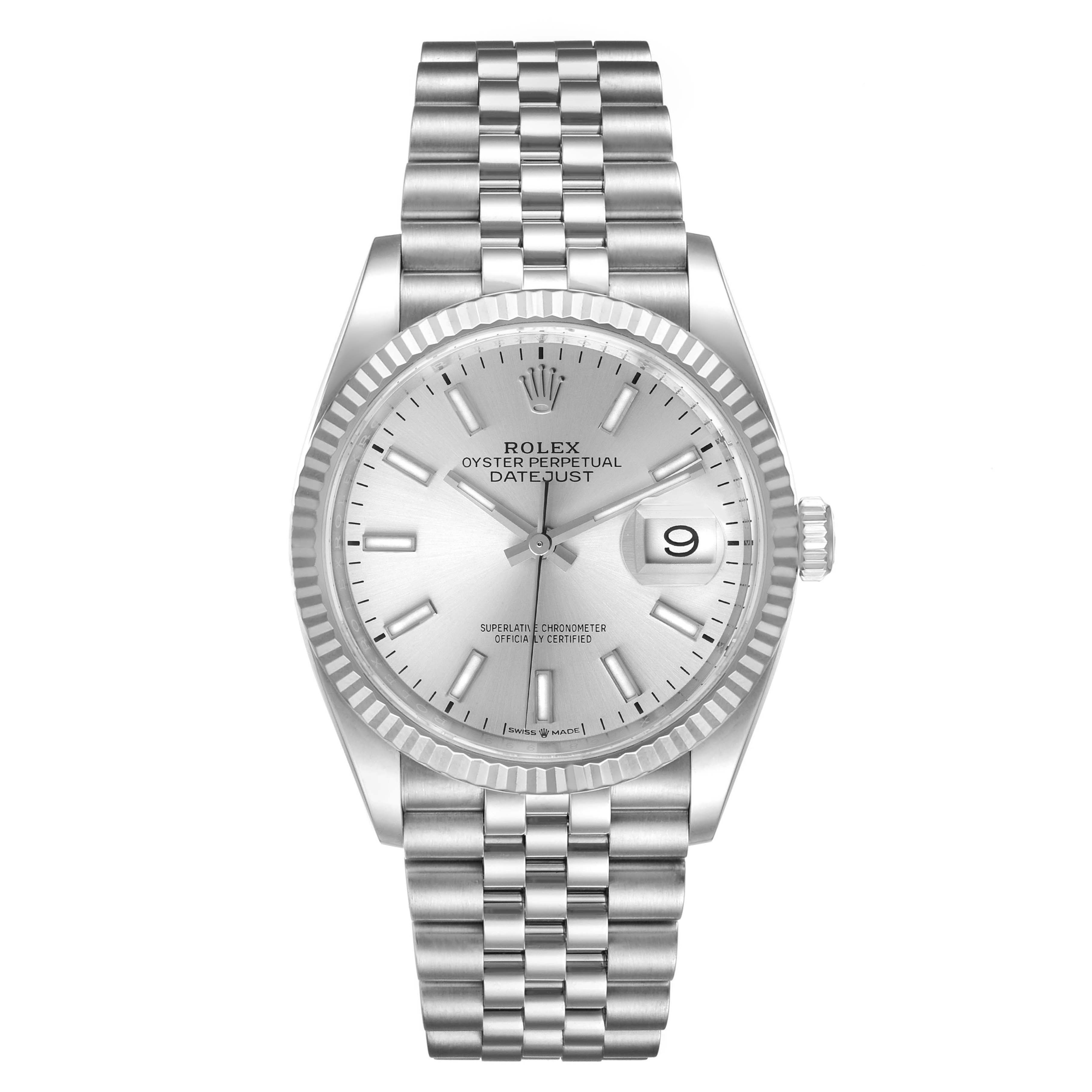 This image shows a Rolex Datejust 126234 Men's Stainless Steel Silver Dial 126234 Men's Stainless Steel Silver Dial watch from a top-down angle, featuring its dial, bezel, crown, and bracelet.