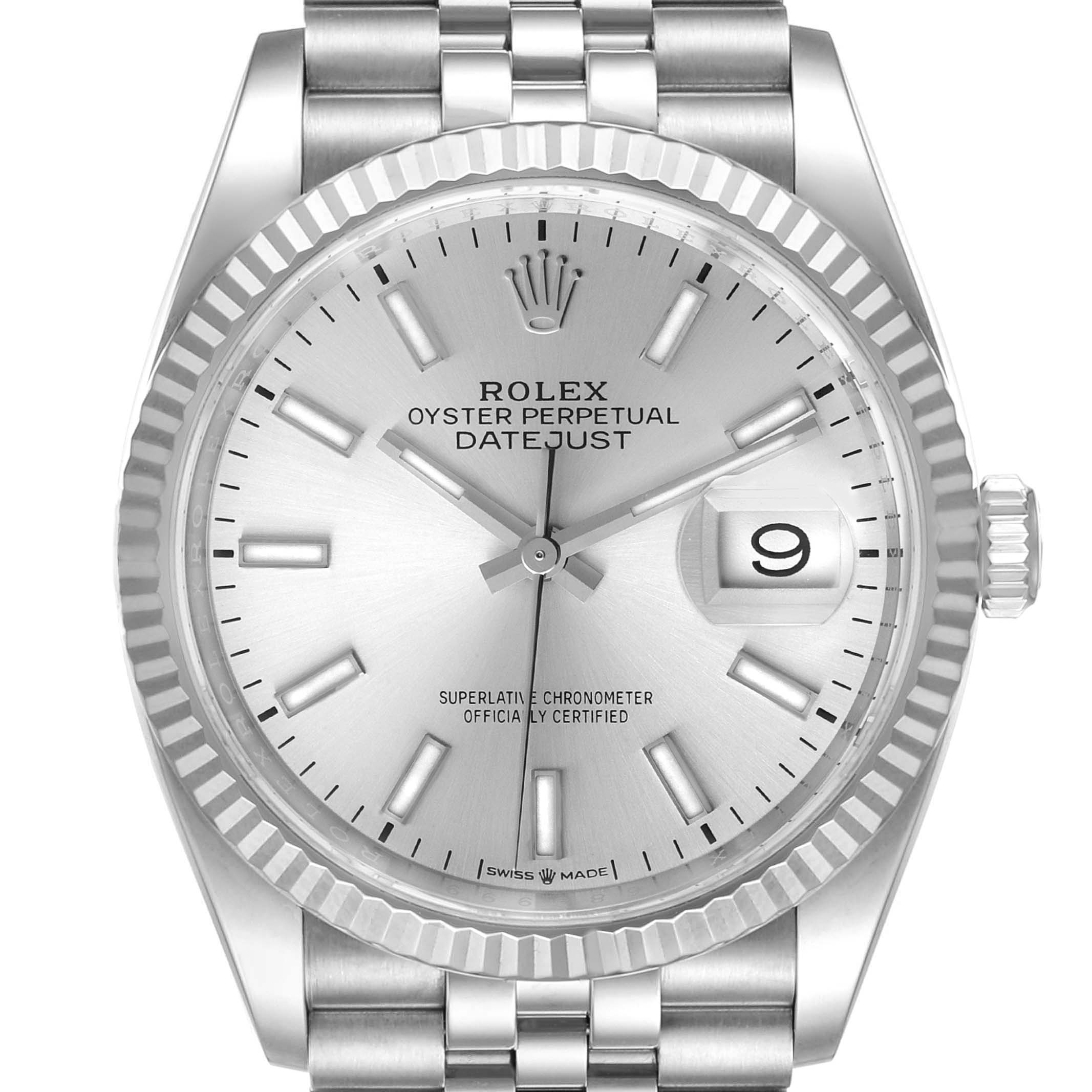 The close-up image shows the dial, bezel, and part of the bracelet of the Rolex Datejust 126234 Men's Stainless Steel Silver Dial 126234 Men's Stainless Steel Silver Dial watch.