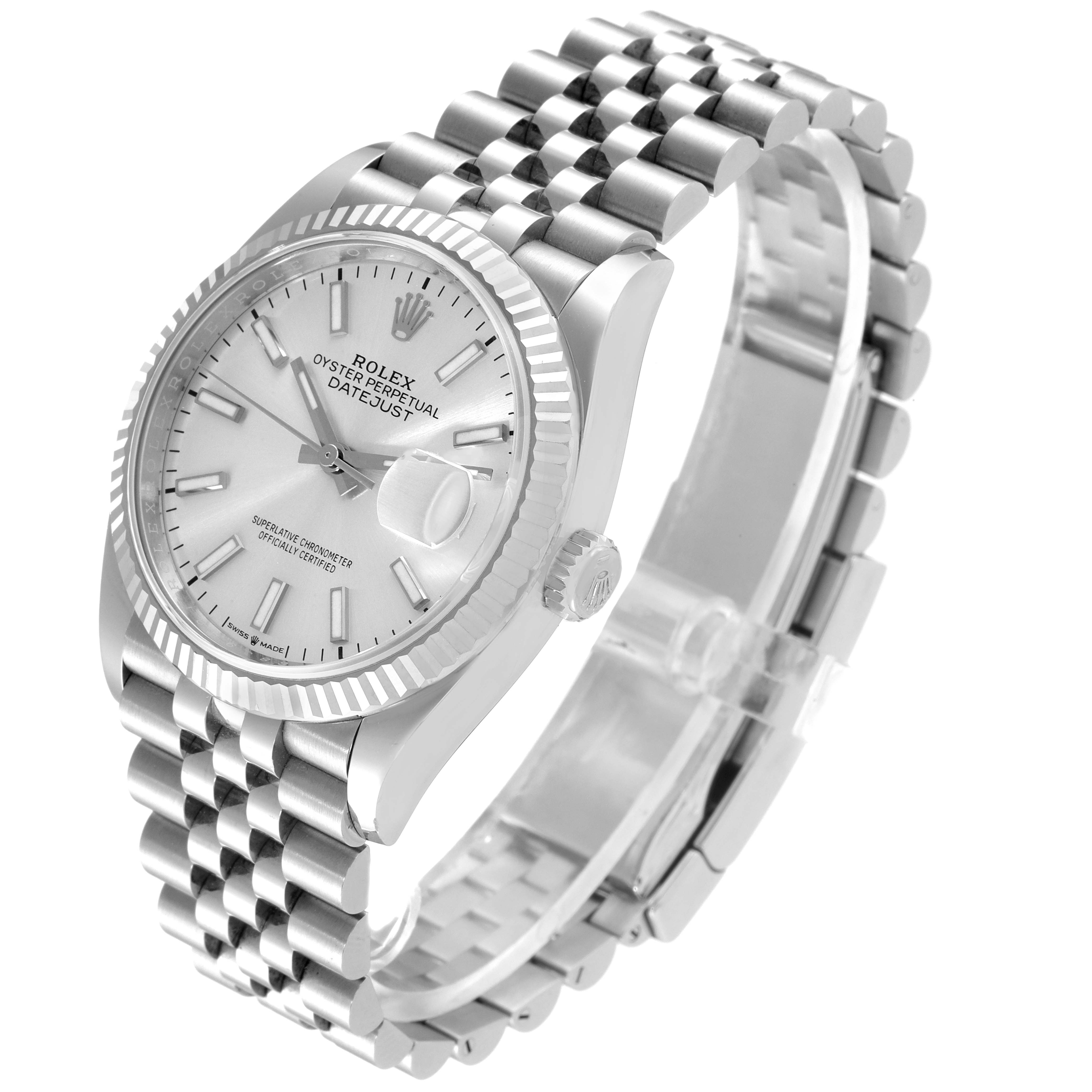 The image shows a silver Rolex Datejust 126234 Men's Stainless Steel Silver Dial 126234 Men's Stainless Steel Silver Dial watch at an angled view, highlighting the dial, fluted bezel, and Jubilee bracelet.