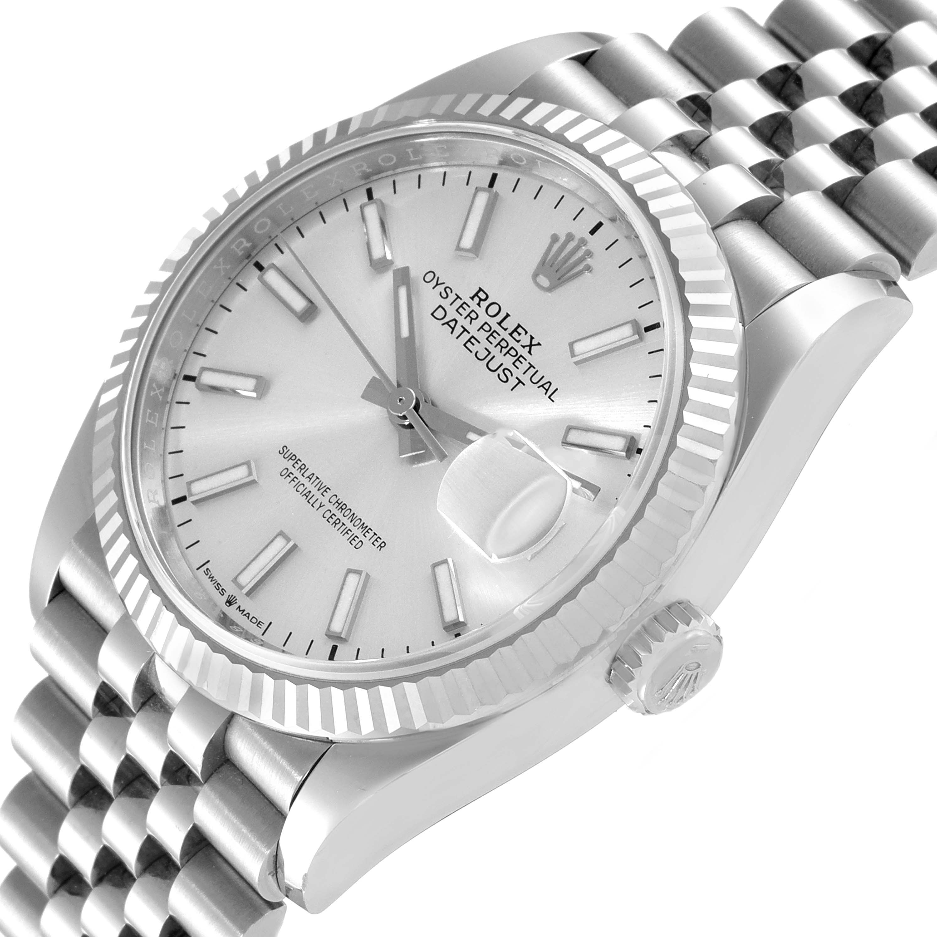 This image shows a Rolex Datejust 126234 Men's Stainless Steel Silver Dial 126234 Men's Stainless Steel Silver Dial watch at an angle highlighting the dial, fluted bezel, crown, and part of the jubilee bracelet.
