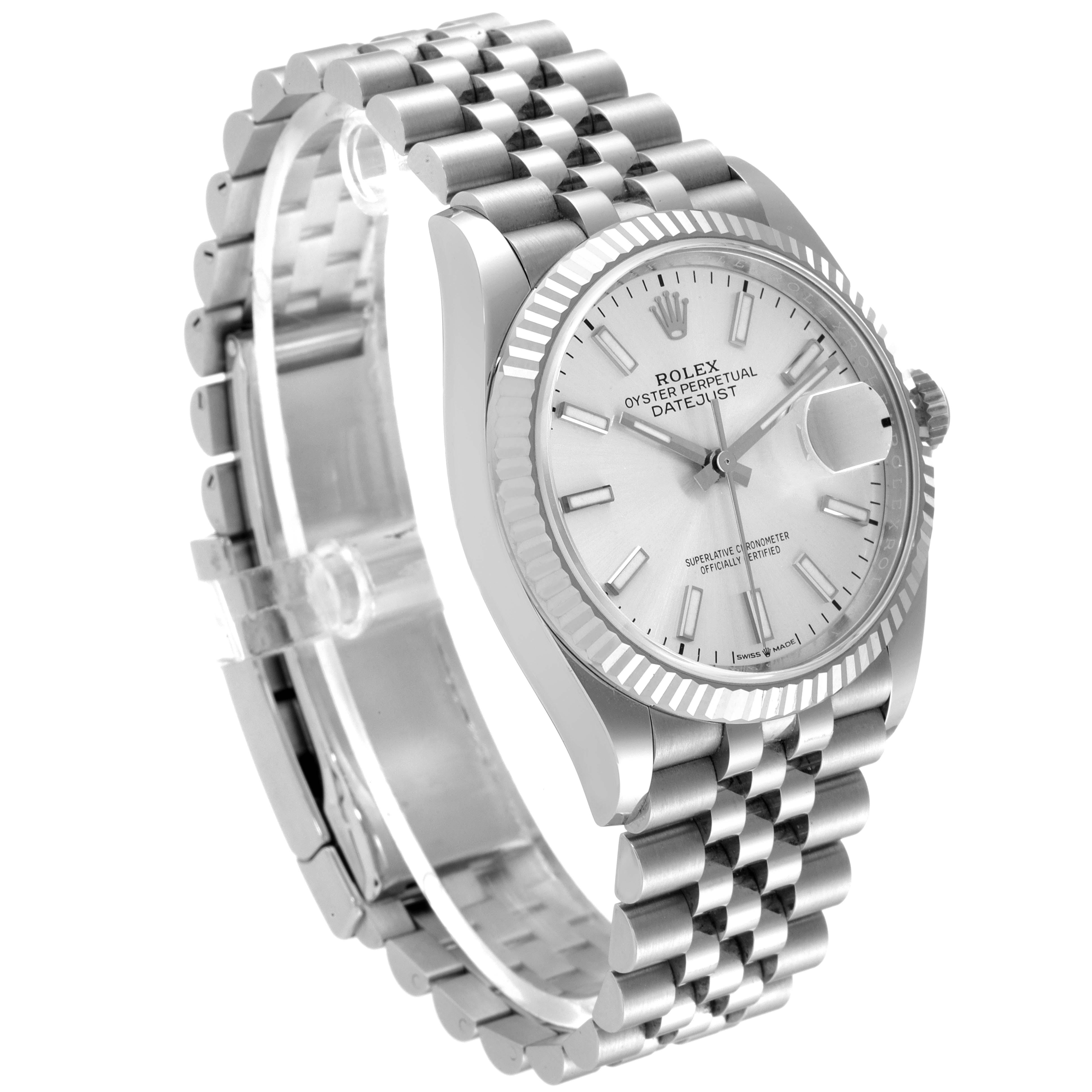 The image shows a Rolex Datejust 126234 Men's Stainless Steel Silver Dial 126234 Men's Stainless Steel Silver Dial watch from an angled view, highlighting its face, bezel, crown, and part of its bracelet.