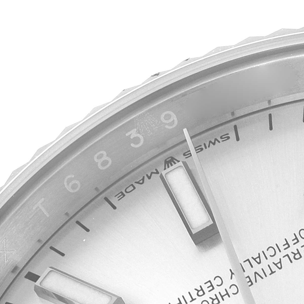 The image shows a close-up of the dial, a portion of the bezel, and part of the hands of a Rolex Datejust 126234 Men's Stainless Steel Silver Dial 126234 Men's Stainless Steel Silver Dial watch.