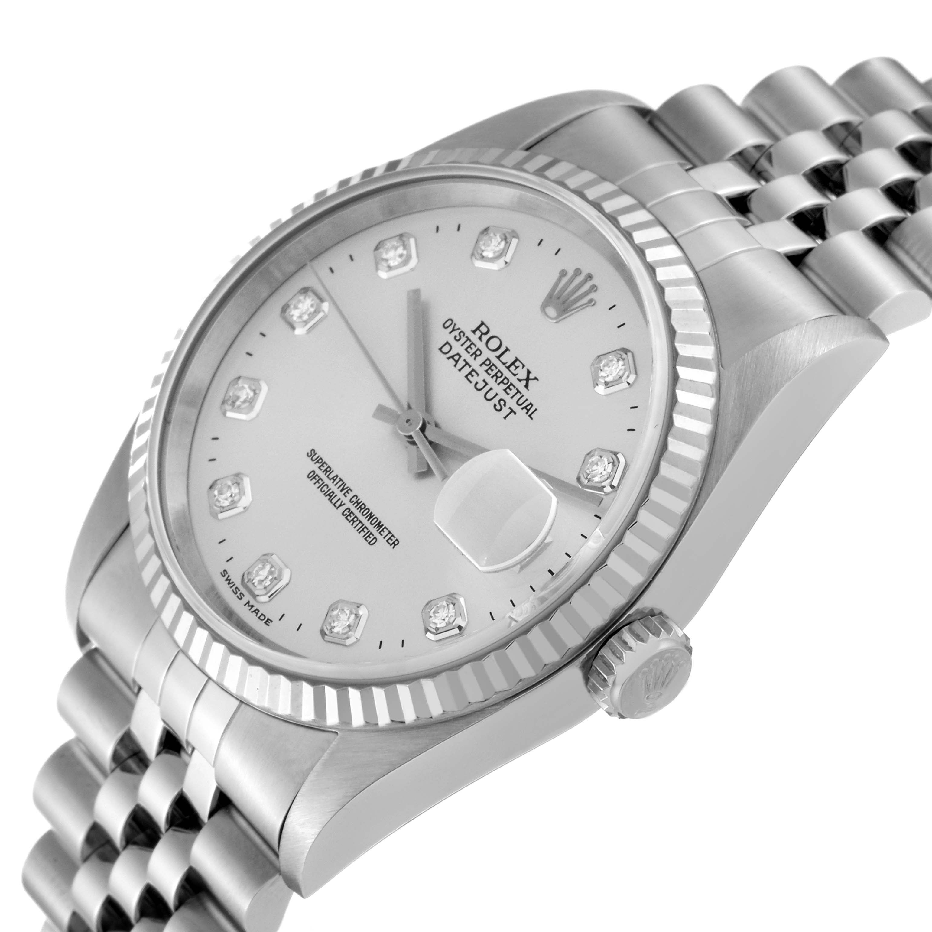 The image shows a Rolex Datejust 16234 Men's Stainless Steel Silver Dial 16234 Men's Stainless Steel Silver Dial watch, focusing on the dial, bezel, crown, and part of the Jubilee bracelet at an angle.