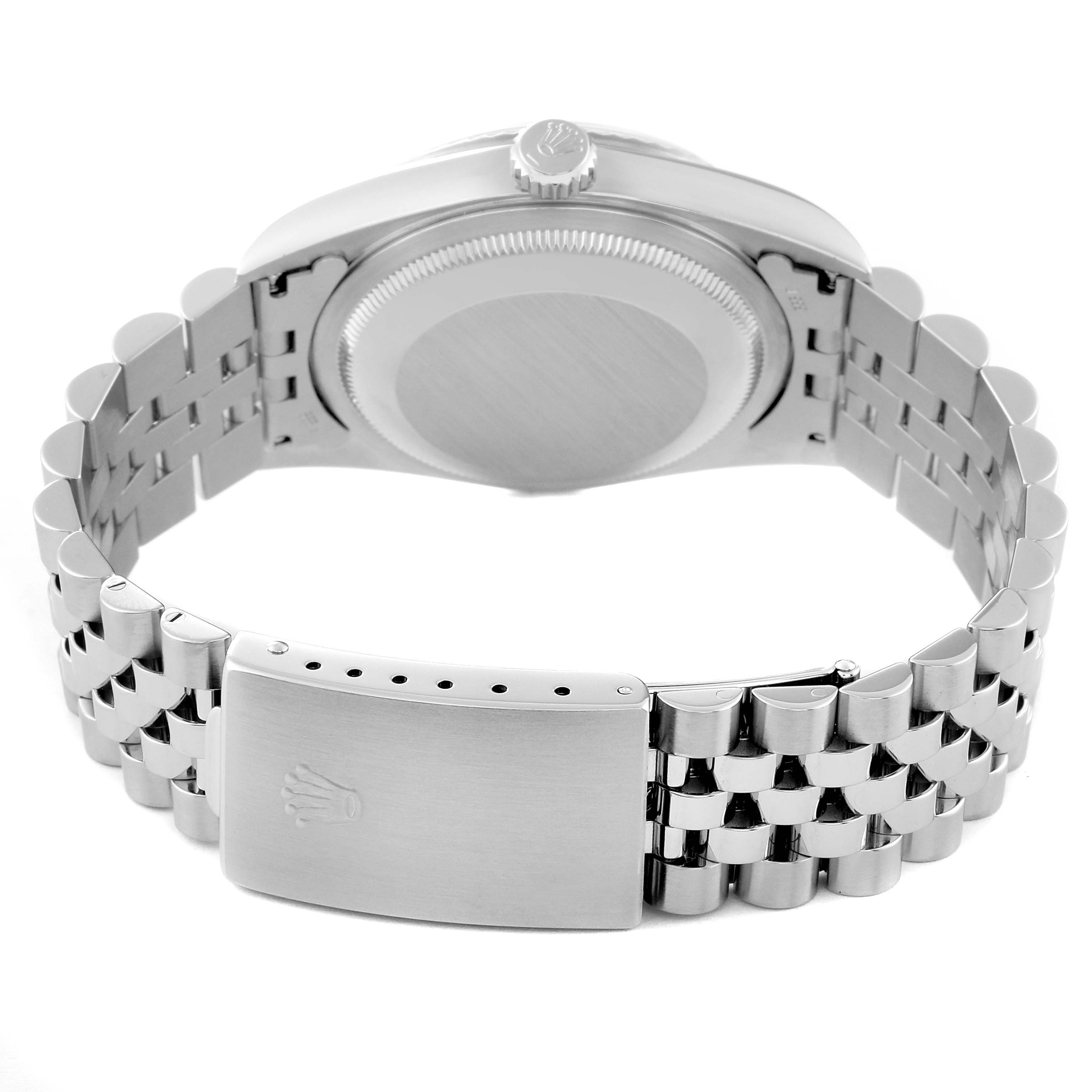 This image shows the back view of the Rolex Datejust 16234 Men's Stainless Steel Silver Dial 16234 Men's Stainless Steel Silver Dial, highlighting the case back and stainless steel bracelet with the clasp.