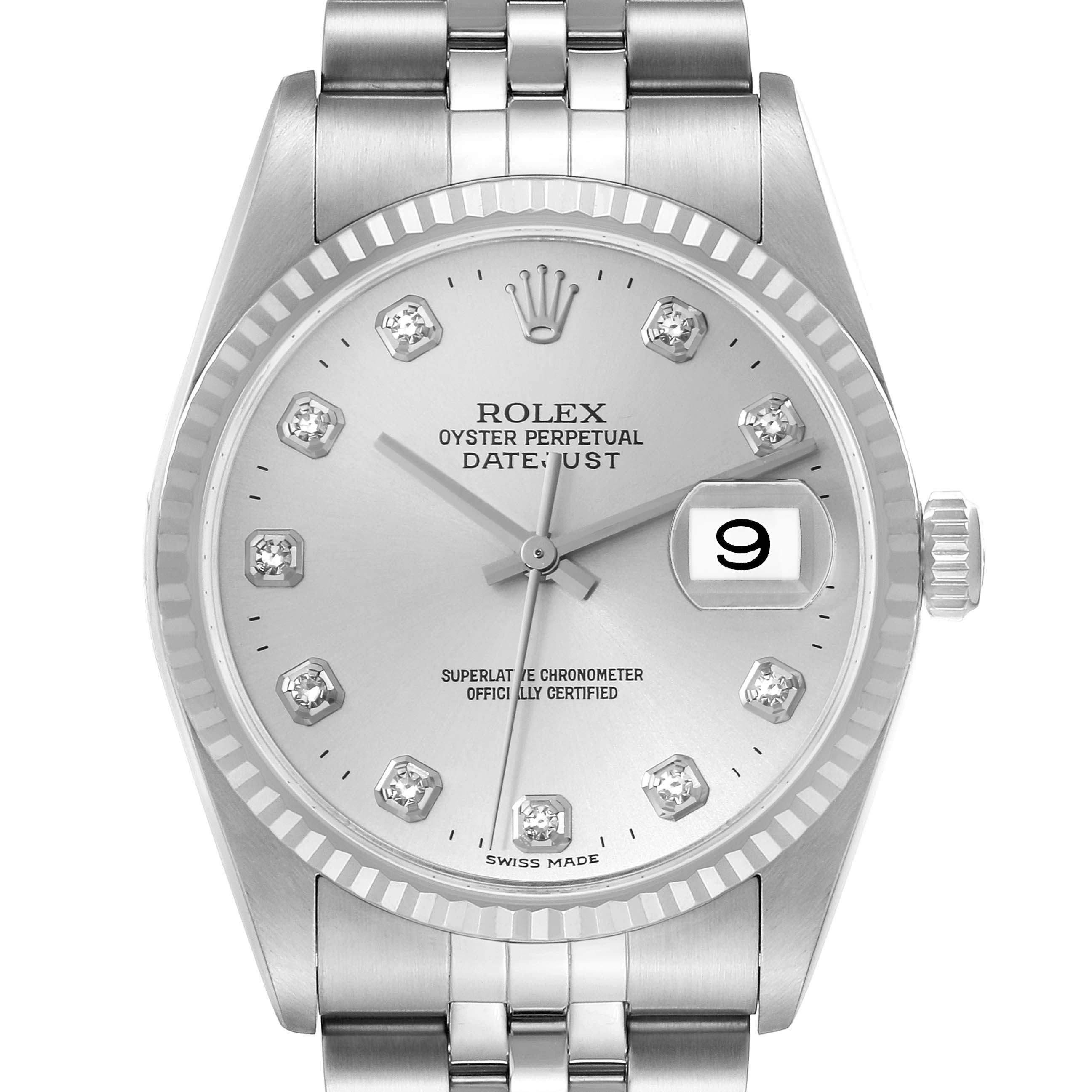 The image shows a Rolex Datejust 16234 Men's Stainless Steel Silver Dial 16234 Men's Stainless Steel Silver Dial watch front view, including the dial, hands, bezel, crown, and part of the bracelet.