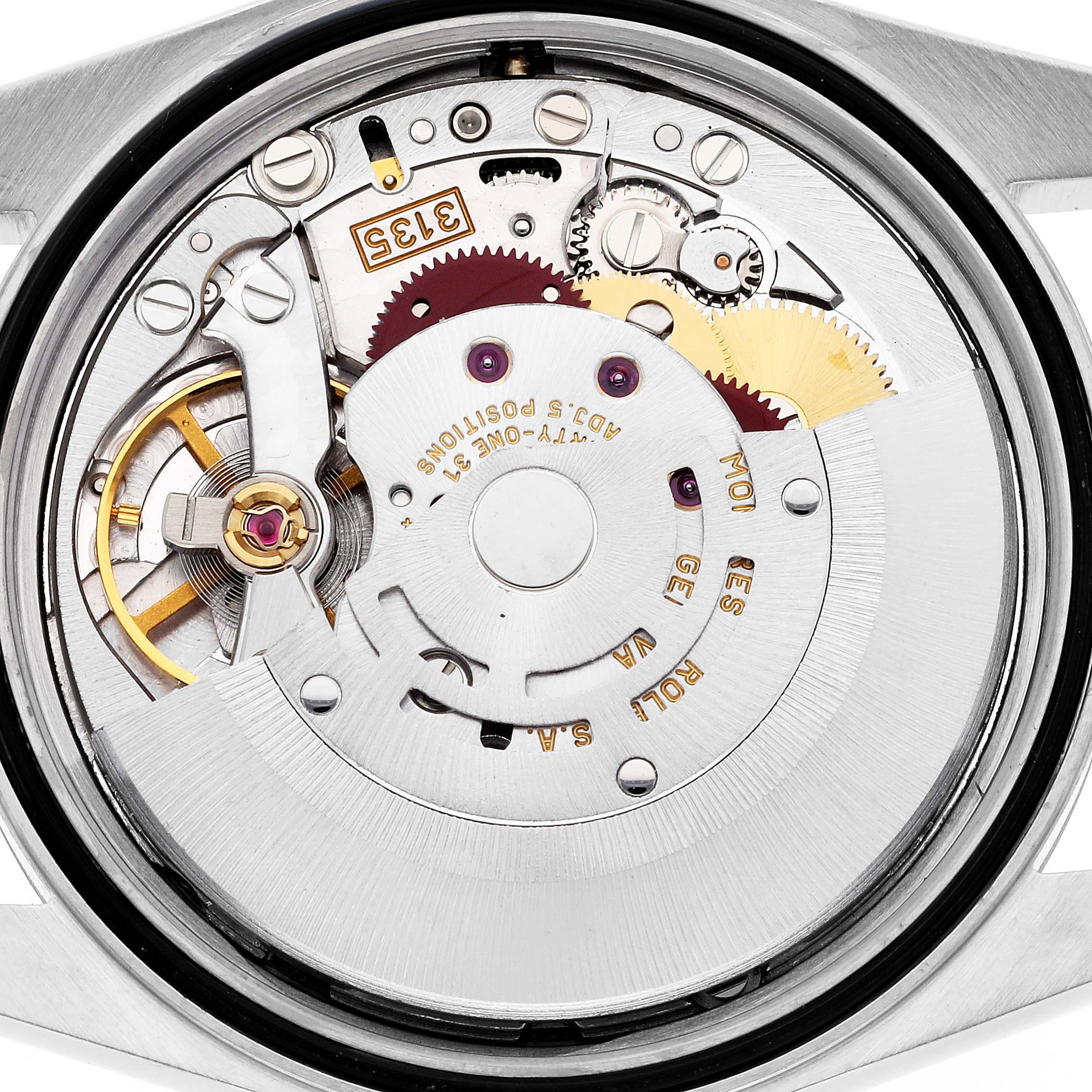 This close-up image shows the internal mechanical movement of the Rolex Datejust 16234 Men's Stainless Steel Silver Dial 16234 Men's Stainless Steel Silver Dial watch from the back.
