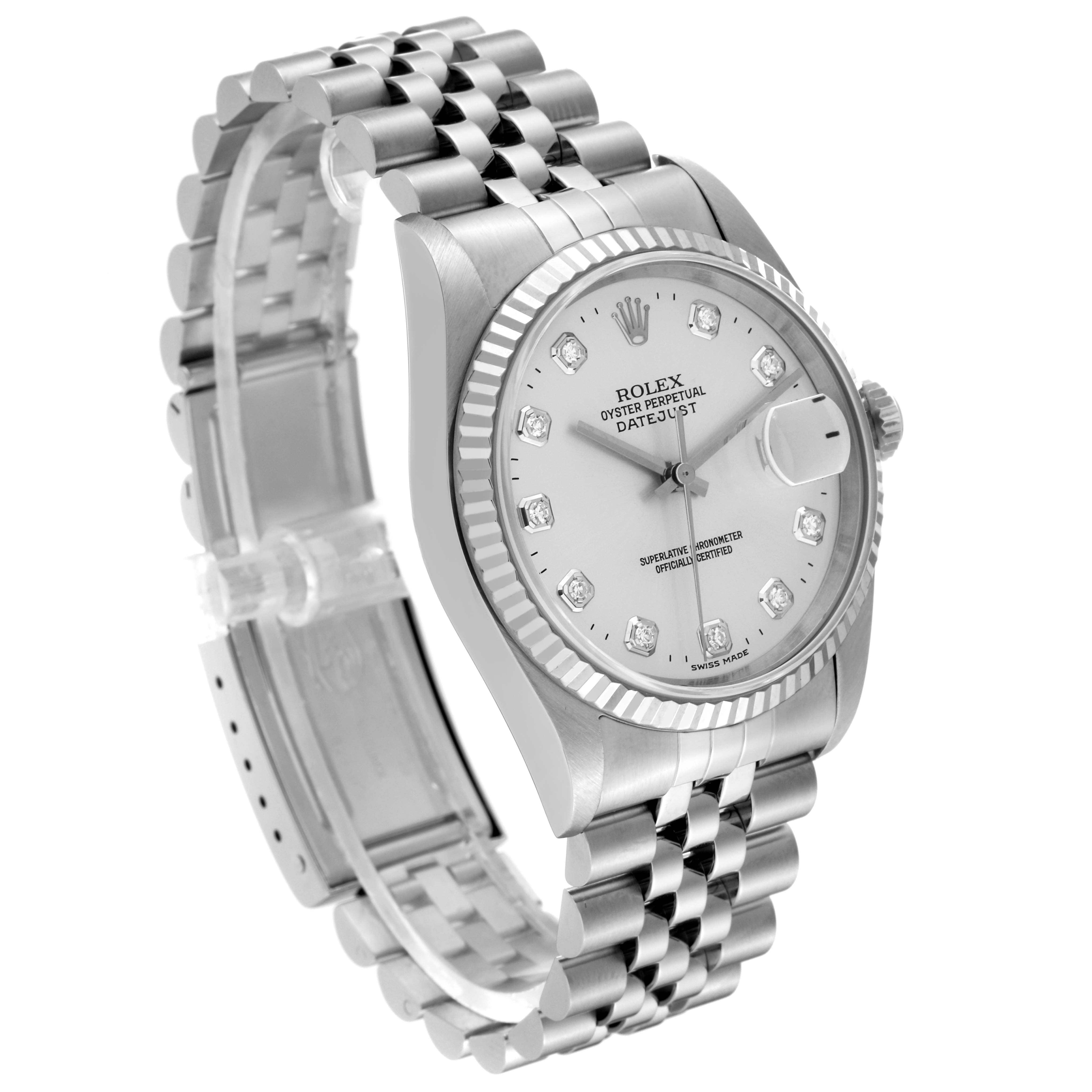 The image shows a Rolex Datejust 16234 Men's Stainless Steel Silver Dial 16234 Men's Stainless Steel Silver Dial watch from an angled side-front view, highlighting the face, bezel, and bracelet.