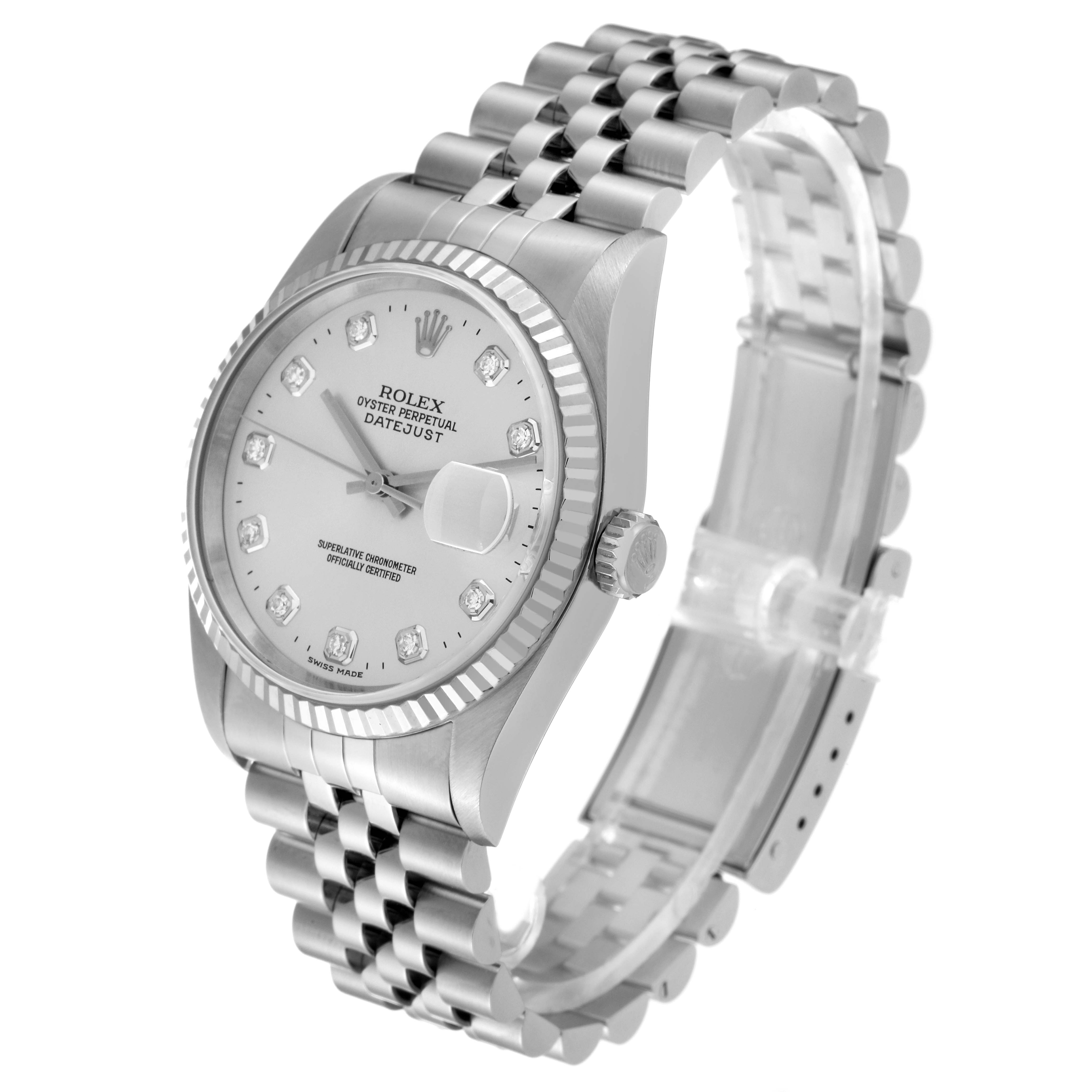 The image shows a Rolex Datejust 16234 Men's Stainless Steel Silver Dial 16234 Men's Stainless Steel Silver Dial watch from a front angle, highlighting the dial, bezel, and Jubilee bracelet.