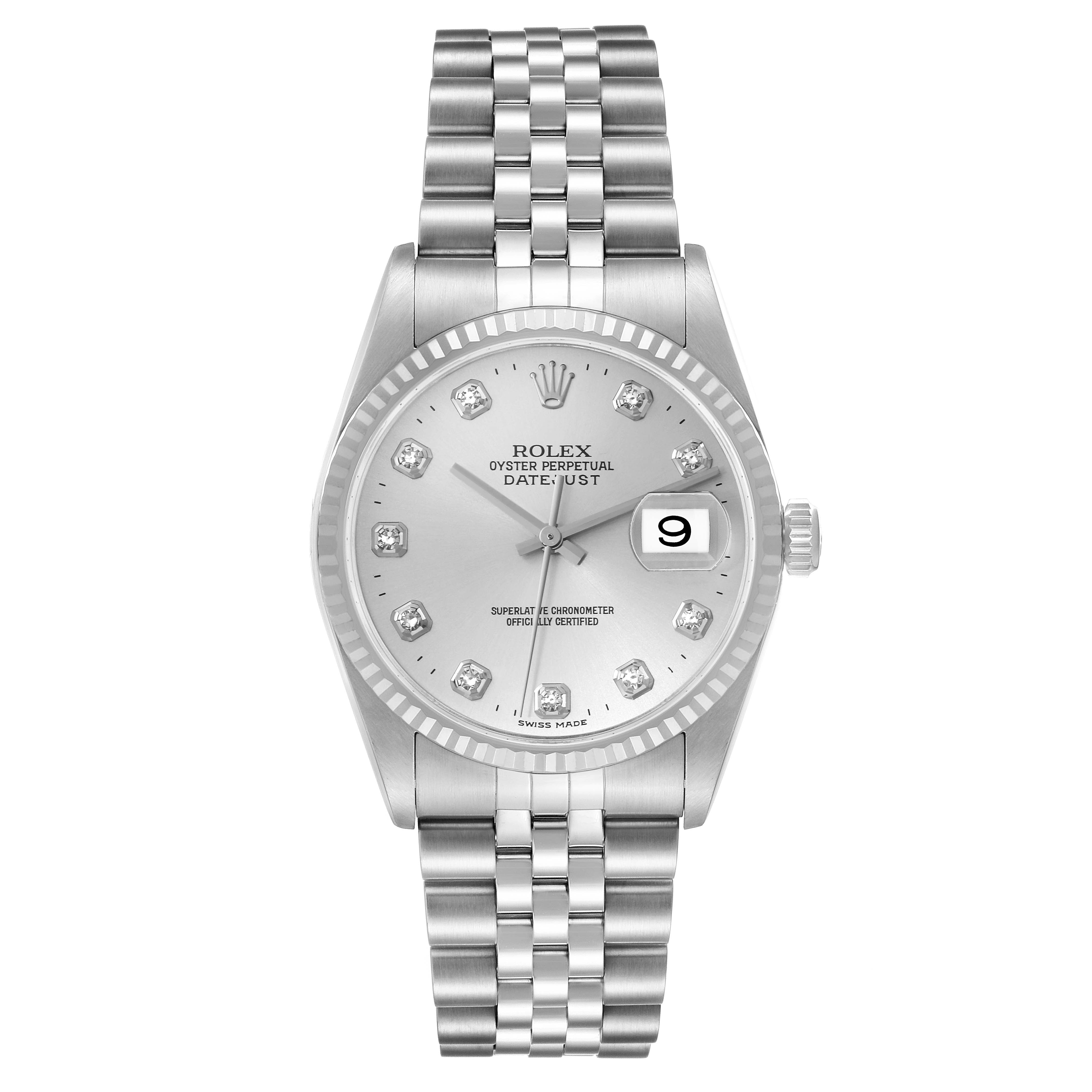 The image shows a front view of a Rolex Datejust 16234 Men's Stainless Steel Silver Dial 16234 Men's Stainless Steel Silver Dial watch, displaying its dial, bezel, case, crown, and bracelet.