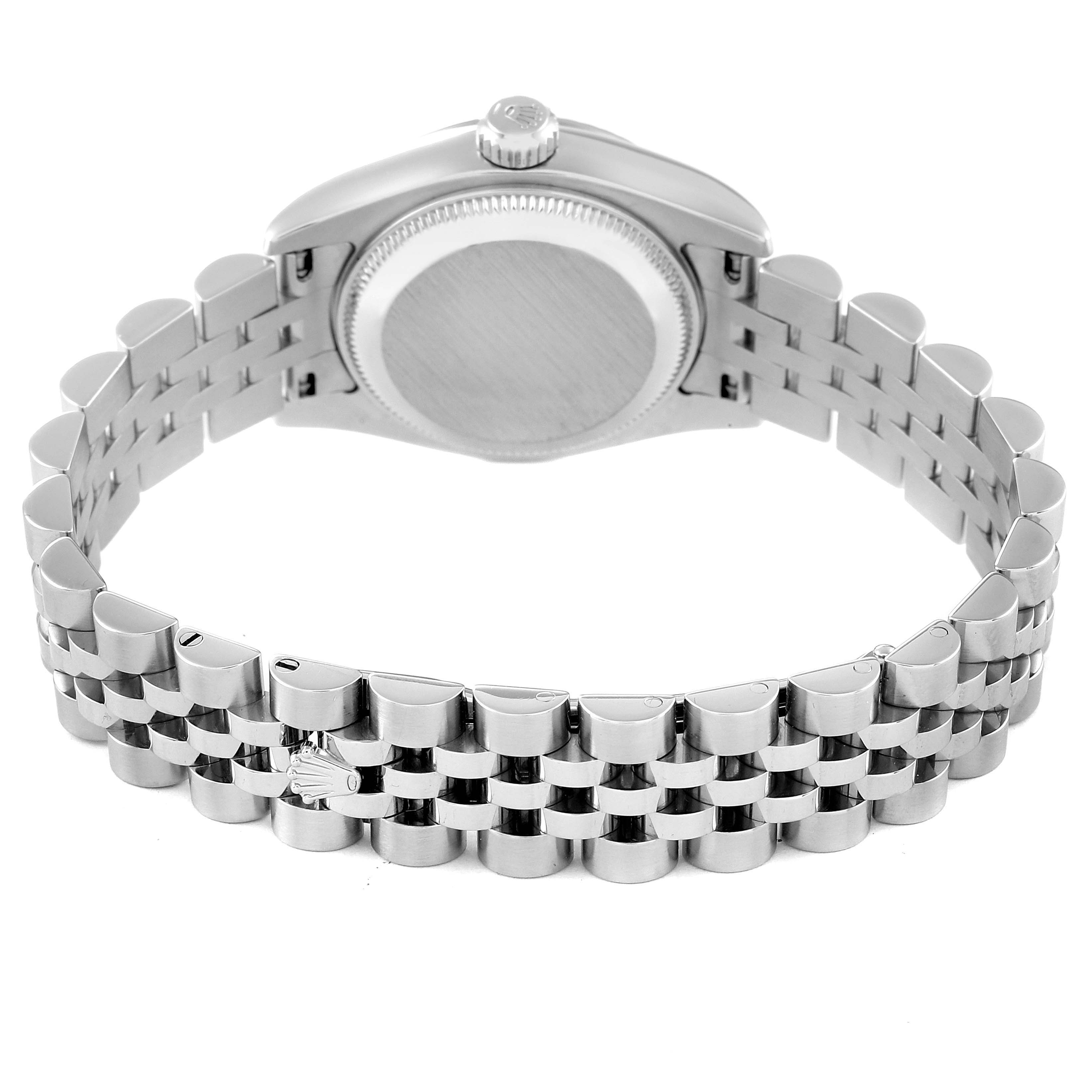 This image shows the back of a Rolex Datejust 179174 Women's Stainless Steel White Dial 179174 Women's Stainless Steel White Dial watch, highlighting the case back and Jubilee bracelet.