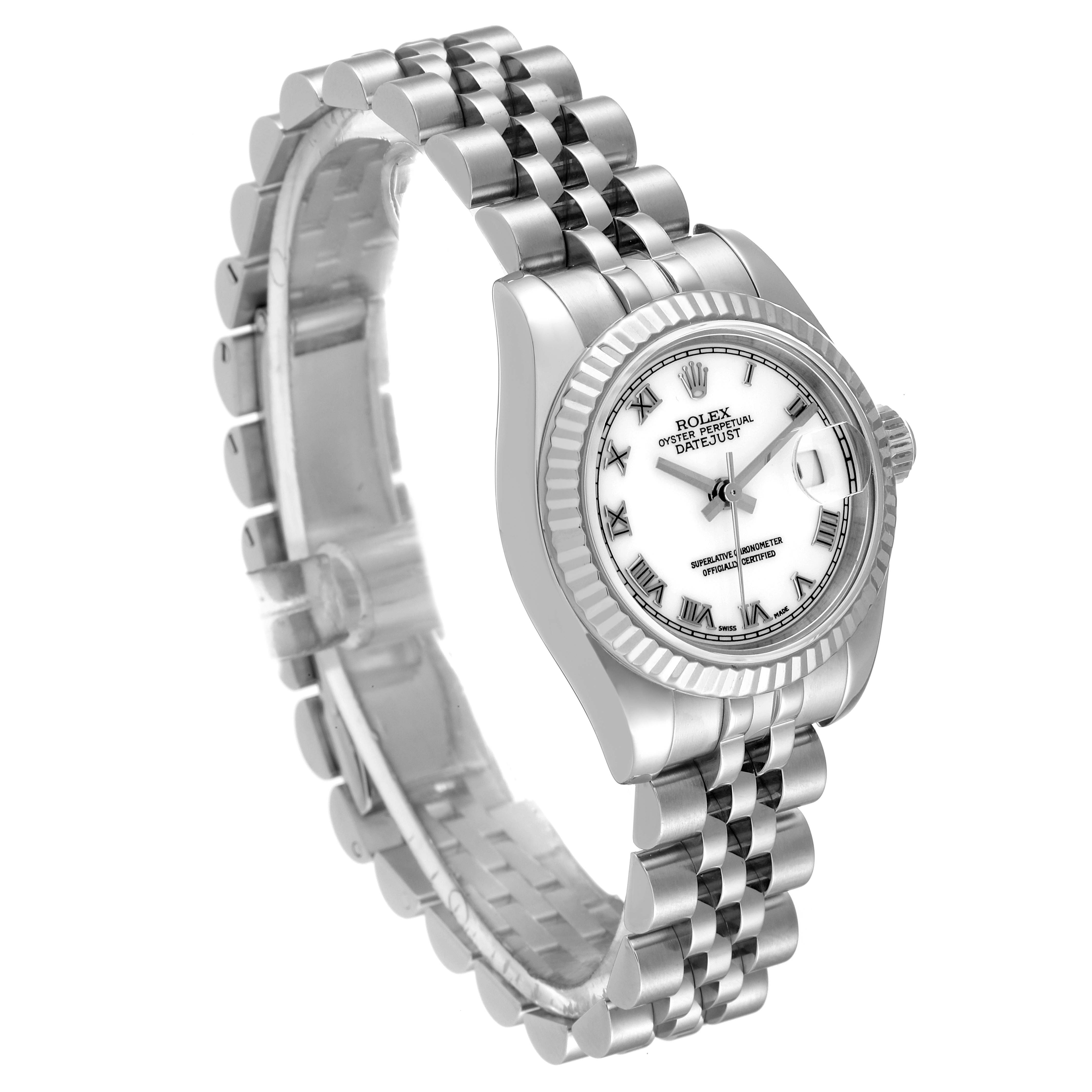 The image shows a Rolex Datejust 179174 Women's Stainless Steel White Dial 179174 Women's Stainless Steel White Dial watch at a three-quarter angle, displaying the face, bezel, crown, and bracelet.