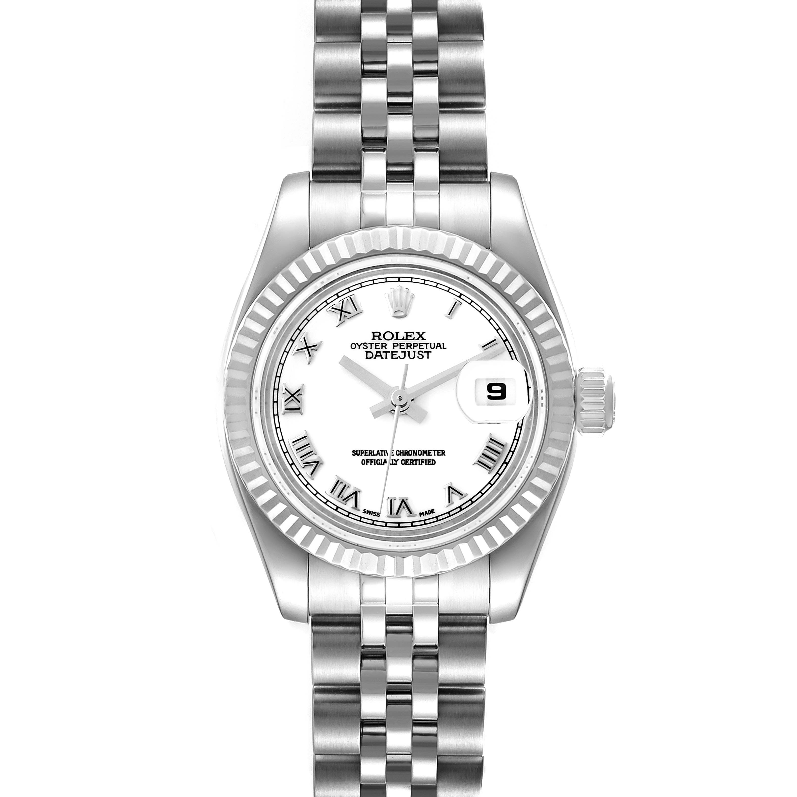 This image shows a straight-on view of the Rolex Datejust 179174 Women's Stainless Steel White Dial 179174 Women's Stainless Steel White Dial watch, highlighting its face, bezel, and bracelet.