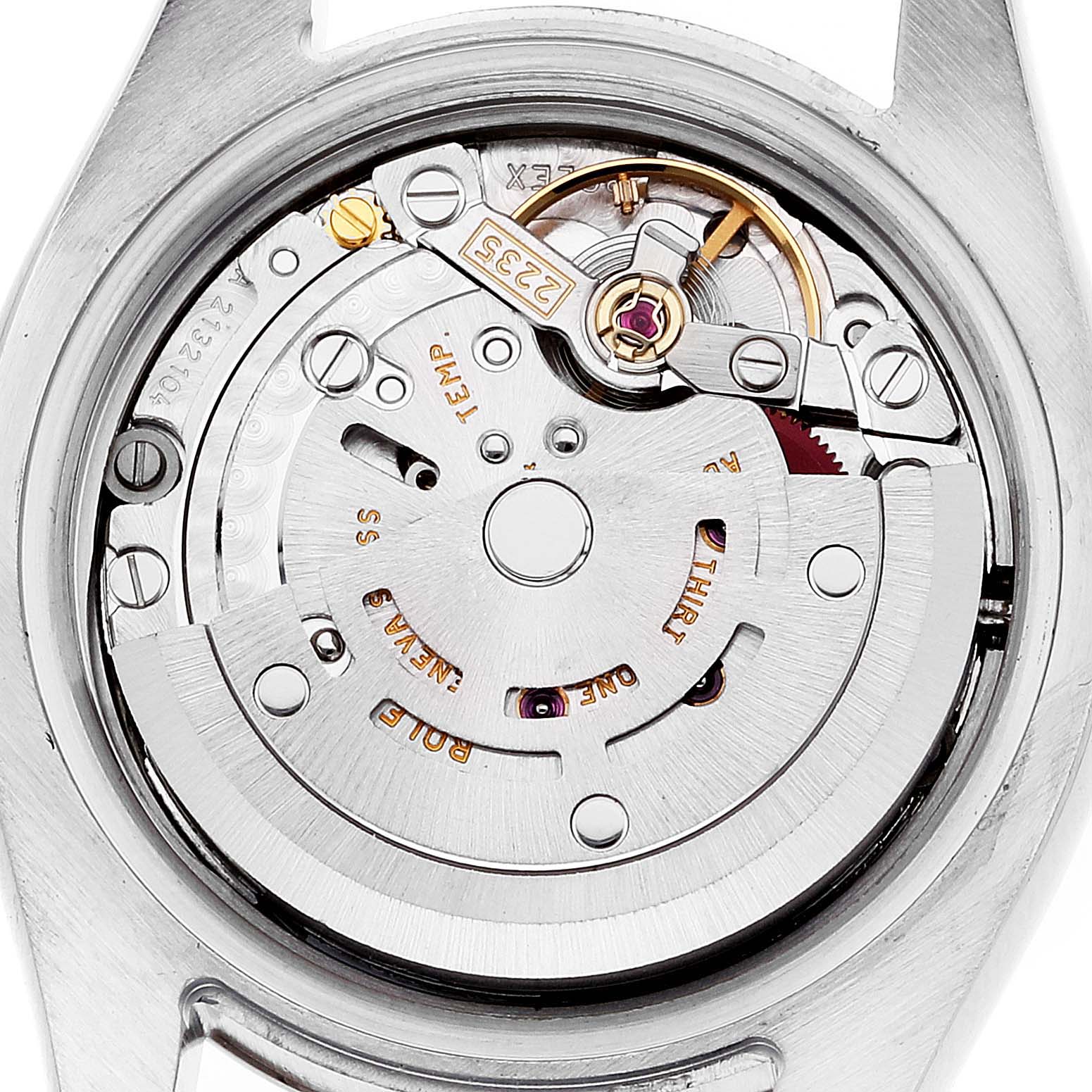 The image shows a top-down view of the movement mechanism inside a Rolex Datejust 179174 Women's Stainless Steel White Dial 179174 Women's Stainless Steel White Dial watch.
