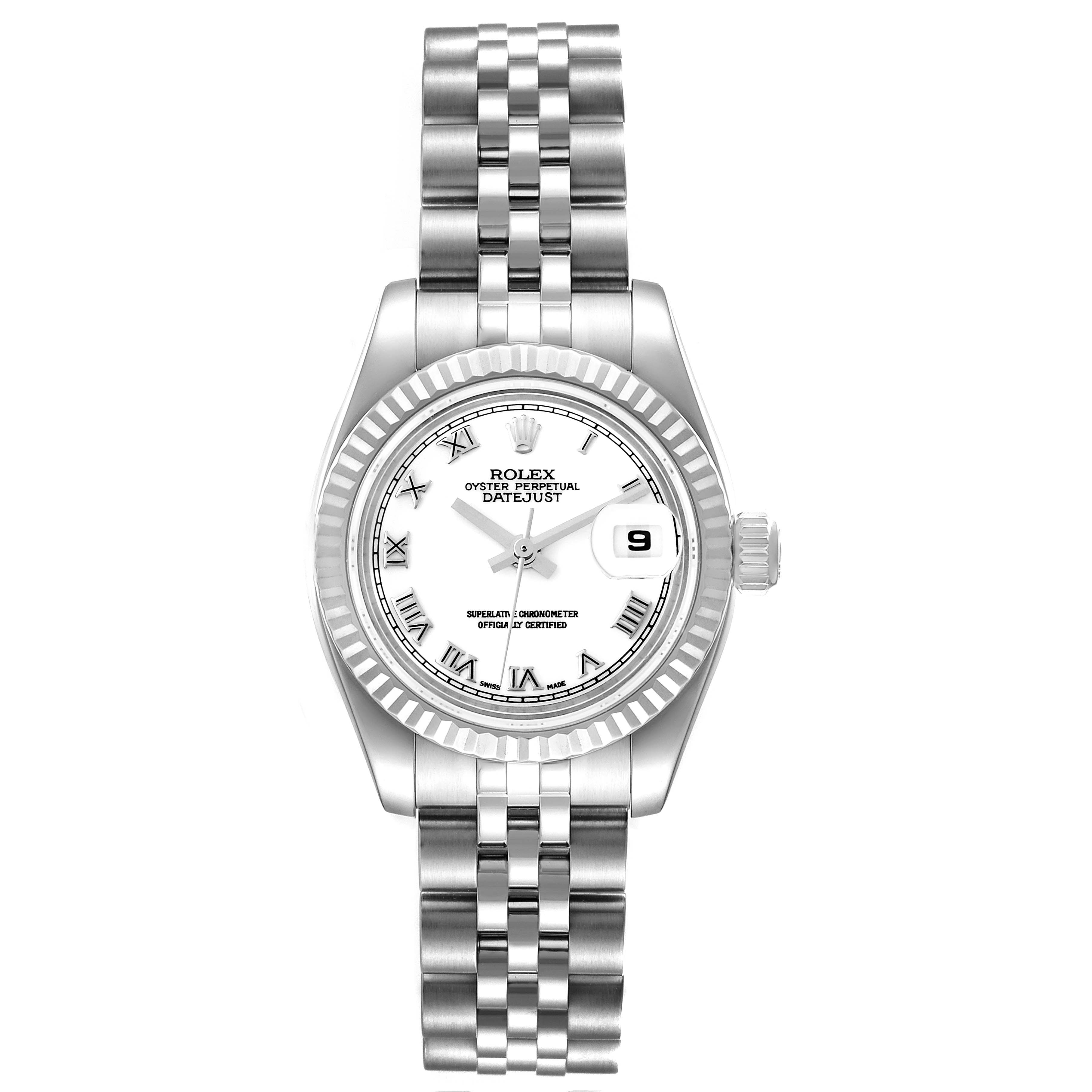 The image shows a front view of a Rolex Datejust 179174 Women's Stainless Steel White Dial 179174 Women's Stainless Steel White Dial watch, highlighting its white dial, fluted bezel, and Jubilee bracelet.