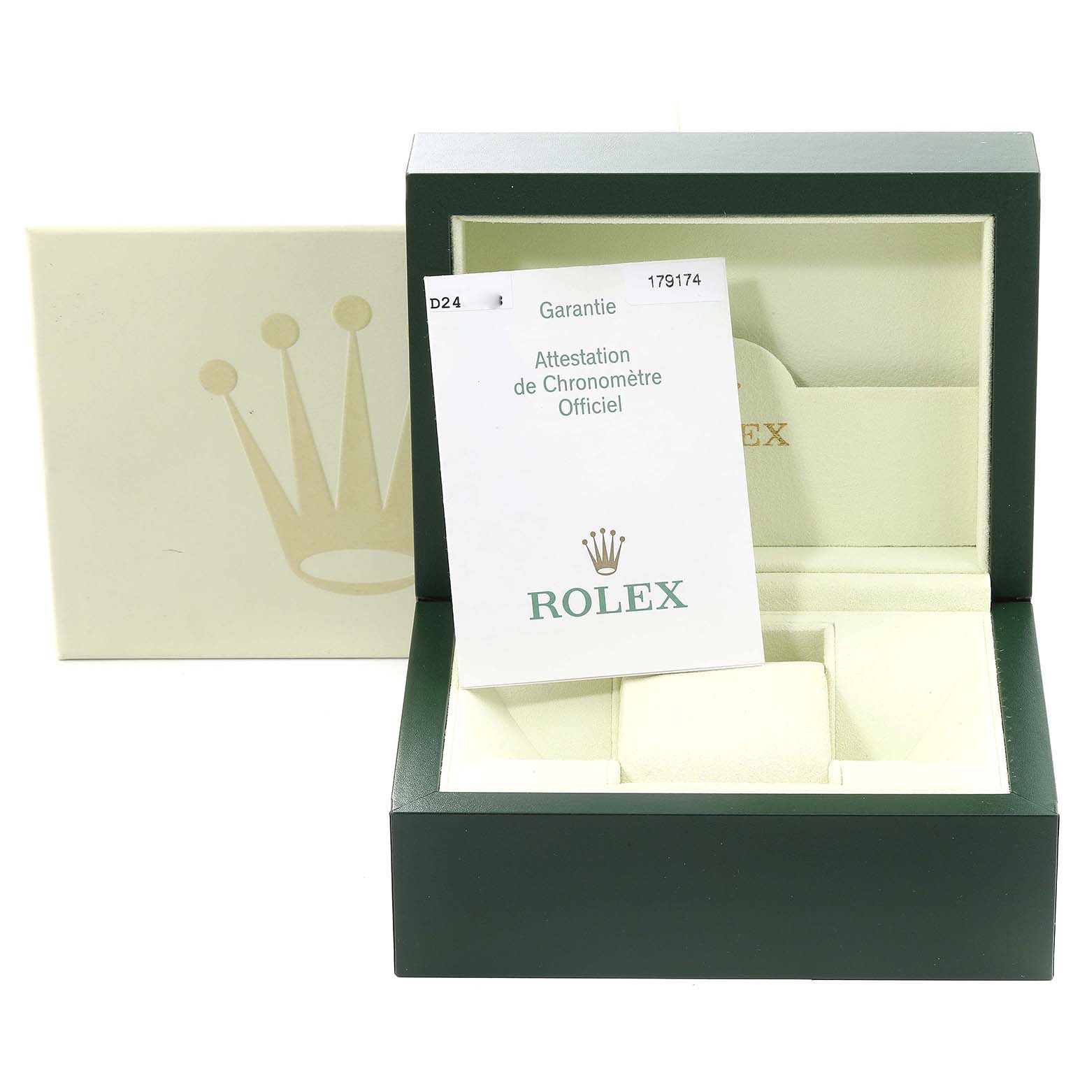 The image shows an open Rolex Datejust 179174 Women's Stainless Steel White Dial 179174 Women's Stainless Steel White Dial watch box with a warranty card and official certification document partially inside.