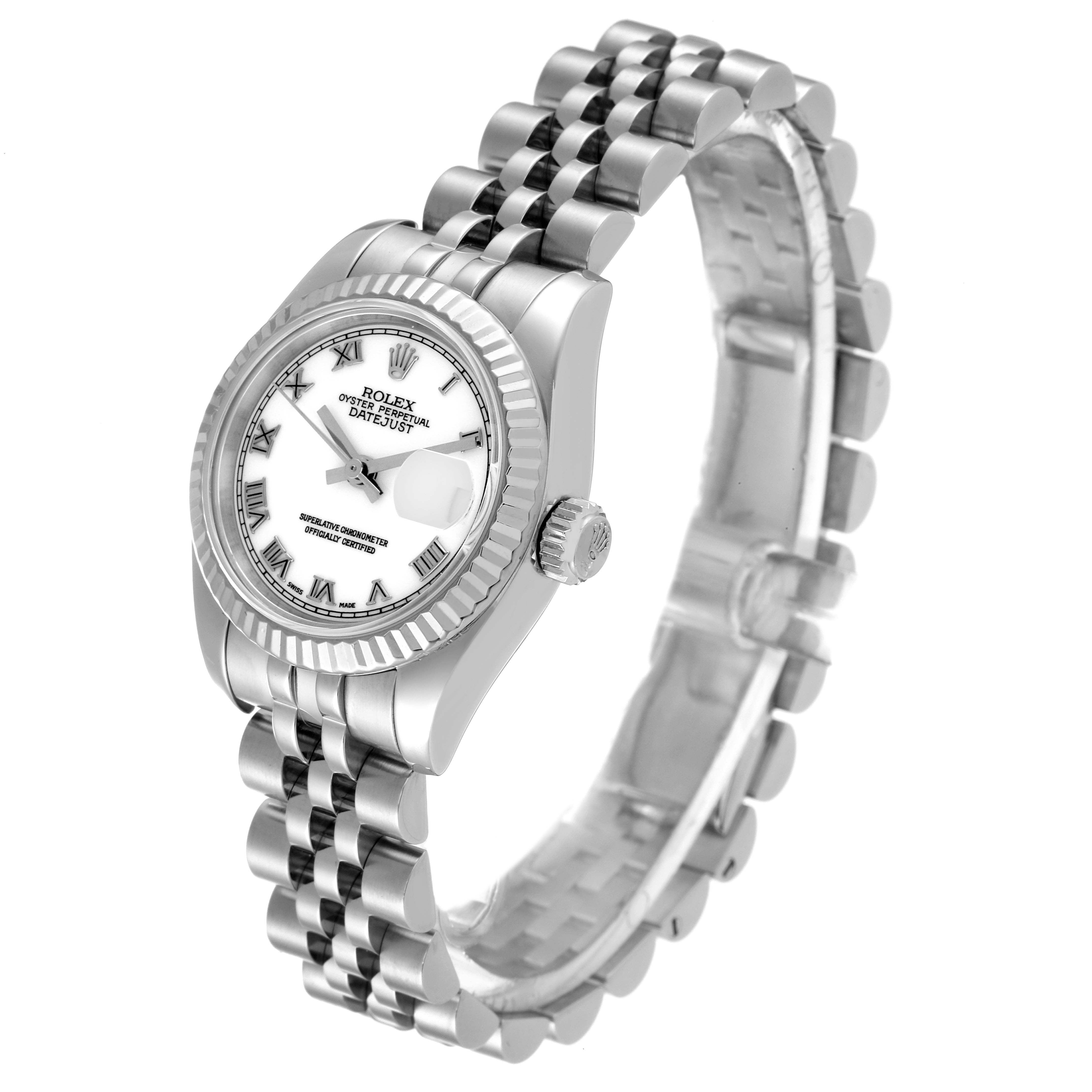 This image shows a Rolex Datejust 179174 Women's Stainless Steel White Dial 179174 Women's Stainless Steel White Dial watch from an angled view, featuring the watch face, fluted bezel, and Jubilee bracelet.