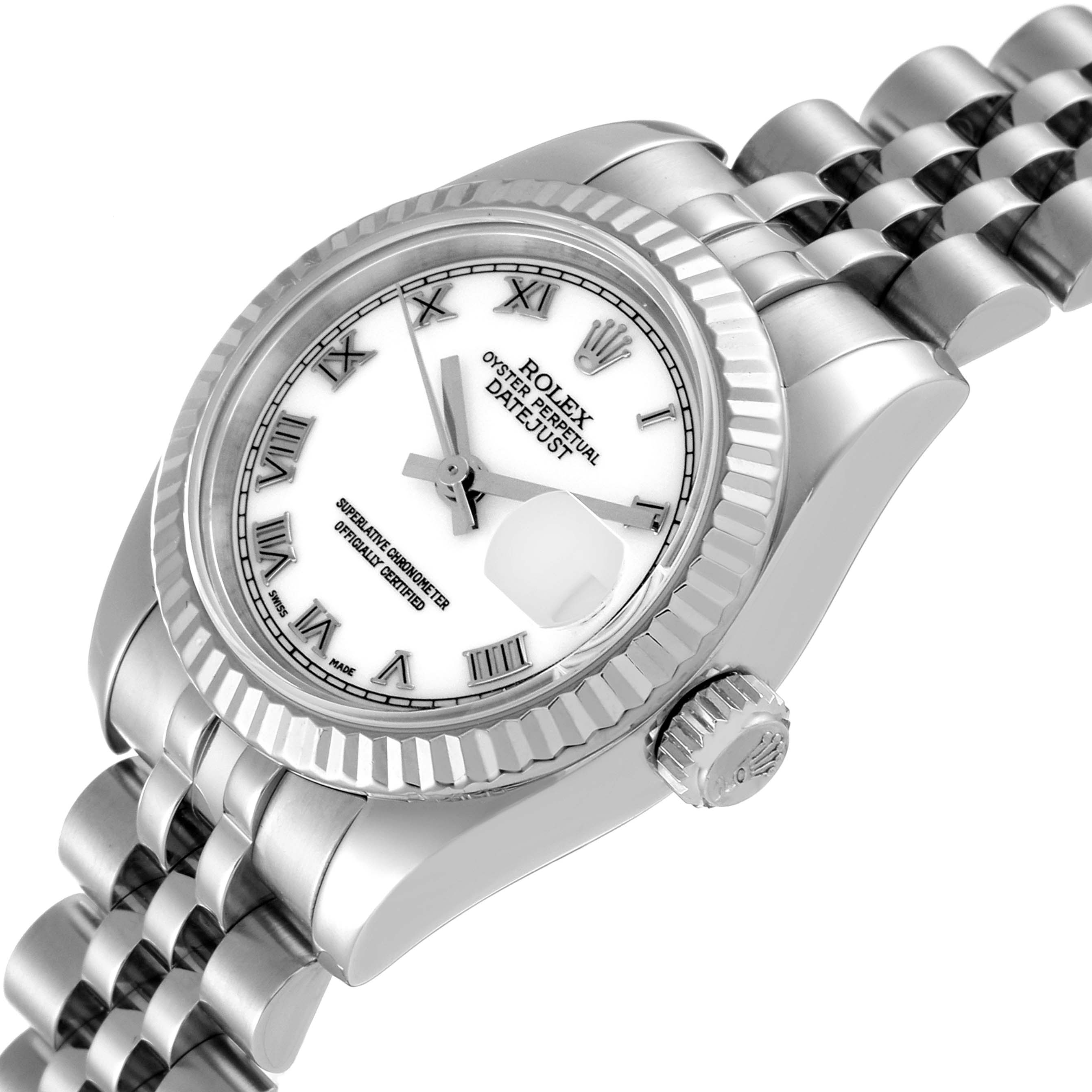 This image shows a close-up angle of the face, crown, and part of the bracelet of the Rolex Datejust 179174 Women's Stainless Steel White Dial 179174 Women's Stainless Steel White Dial watch.