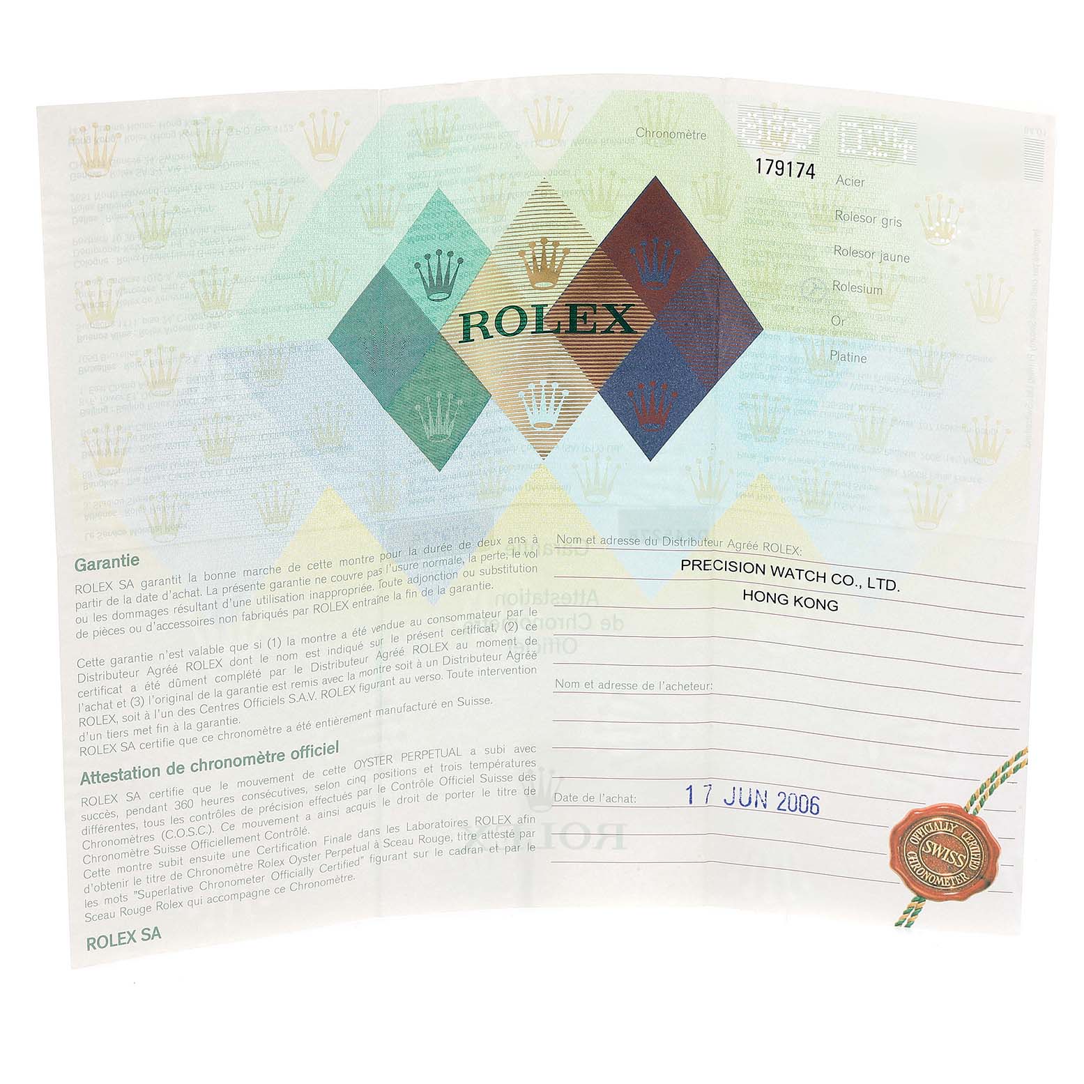 The image shows a warranty card for the Rolex Datejust 179174 Women's Stainless Steel White Dial 179174 Women's Stainless Steel White Dial model, issued by Precision Watch Co., Ltd. in Hong Kong dated June 17, 2006.