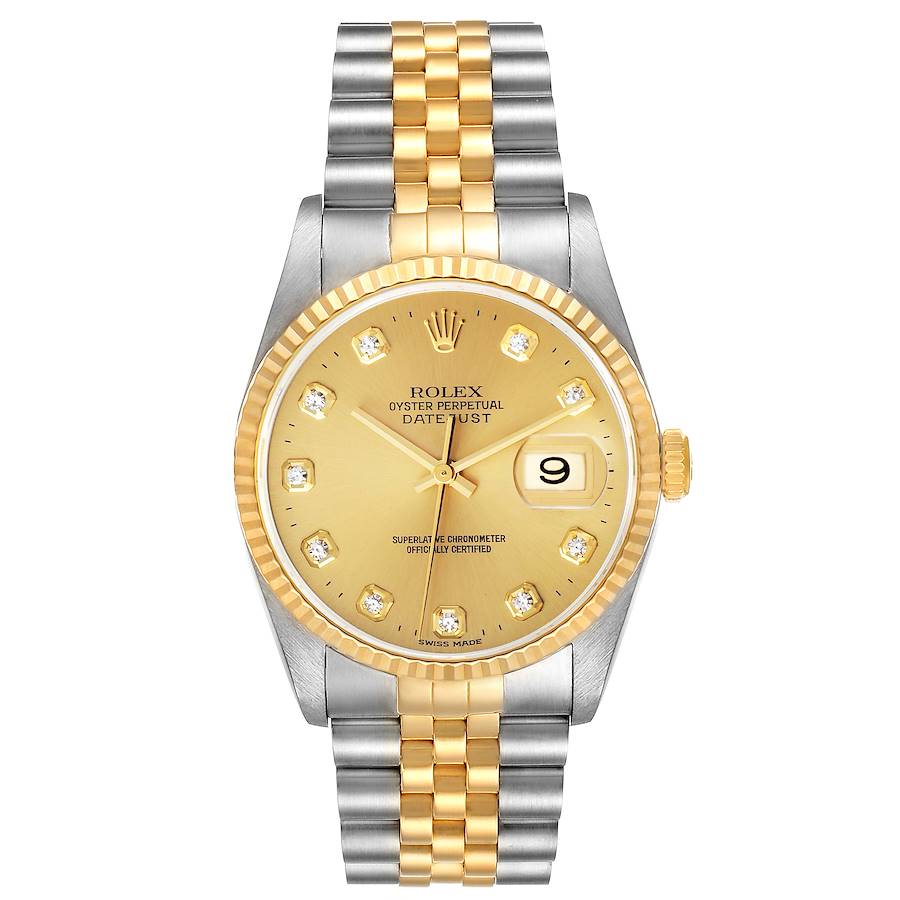 Rolex Datejust Steel Yellow Gold Champagne Diamond Dial Mens Watch