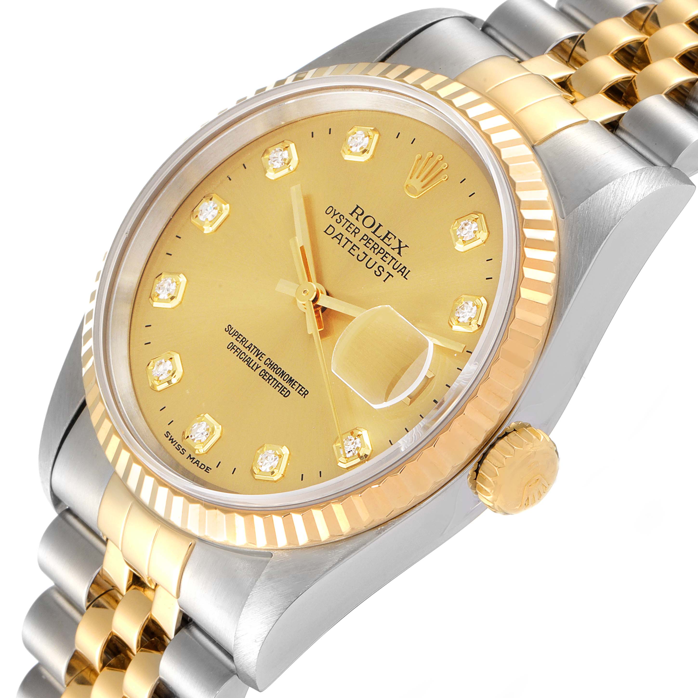 The image shows a close-up angled view of the Rolex Datejust 16233 Men's Steel and Gold (two tone) Champagne Dial 16233 Men's Steel and Gold (two tone) Champagne Dial watch, highlighting its gold dial, diamond markers, crown, and two-tone bracelet.