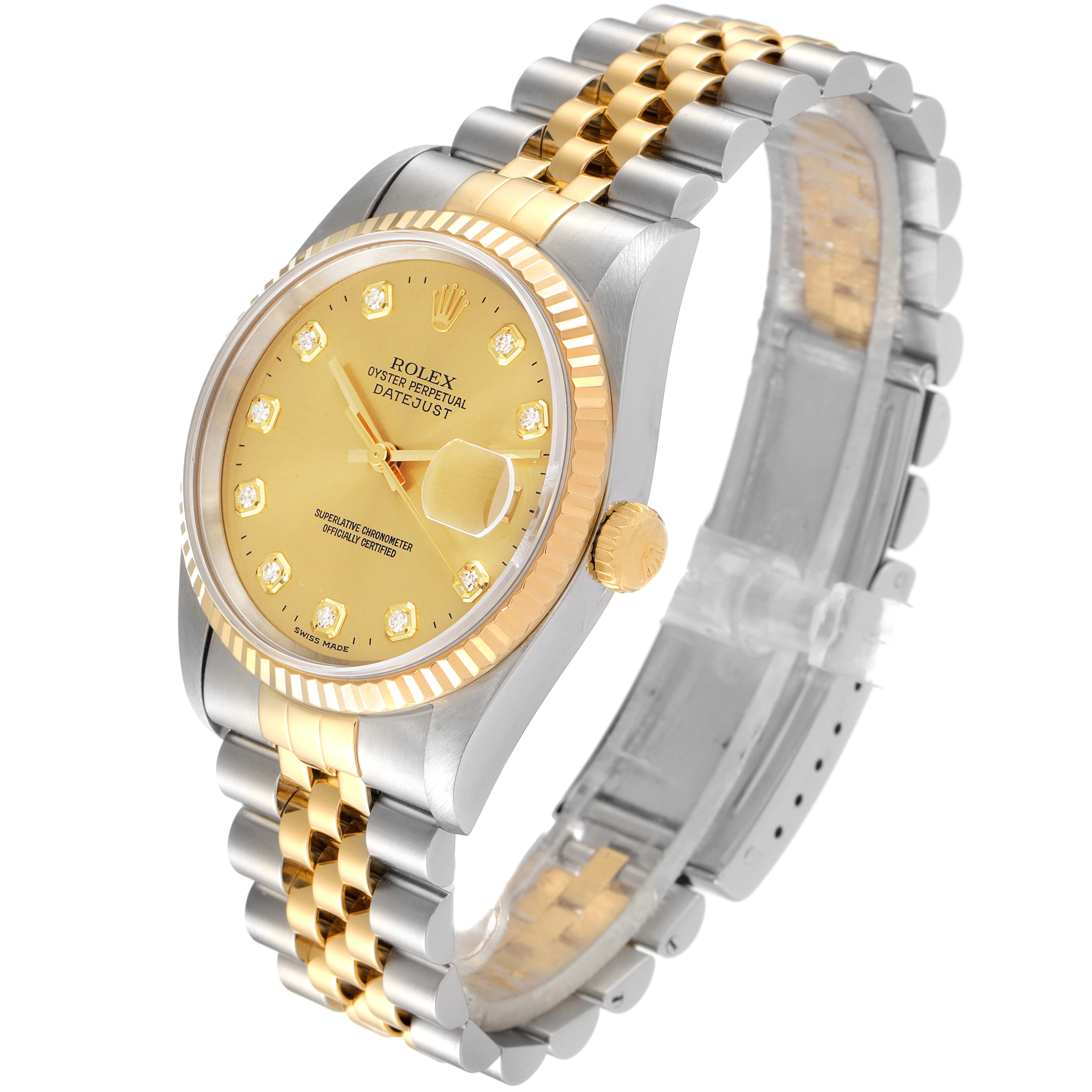 The Rolex Datejust 16233 Men's Steel and Gold (two tone) Champagne Dial 16233 Men's Steel and Gold (two tone) Champagne Dial watch is shown at an angled view, displaying its crown, bezel, dial, and Jubilee bracelet.