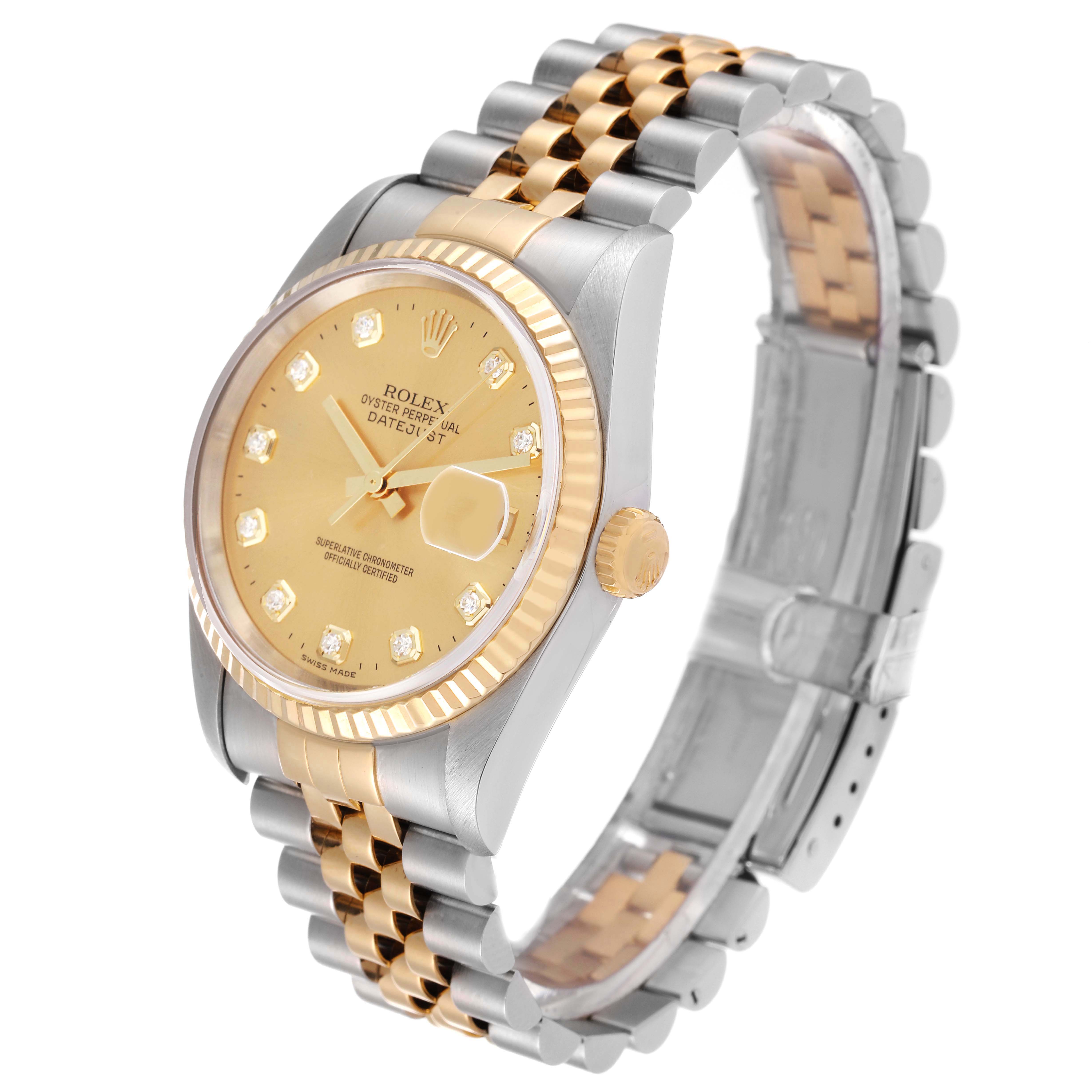 The image shows a side angle of the Rolex Datejust 16233 Men's Steel and Gold (two tone) Champagne Dial 16233 Men's Steel and Gold (two tone) Champagne Dial watch, highlighting the dial, bezel, bracelet, and clasp.