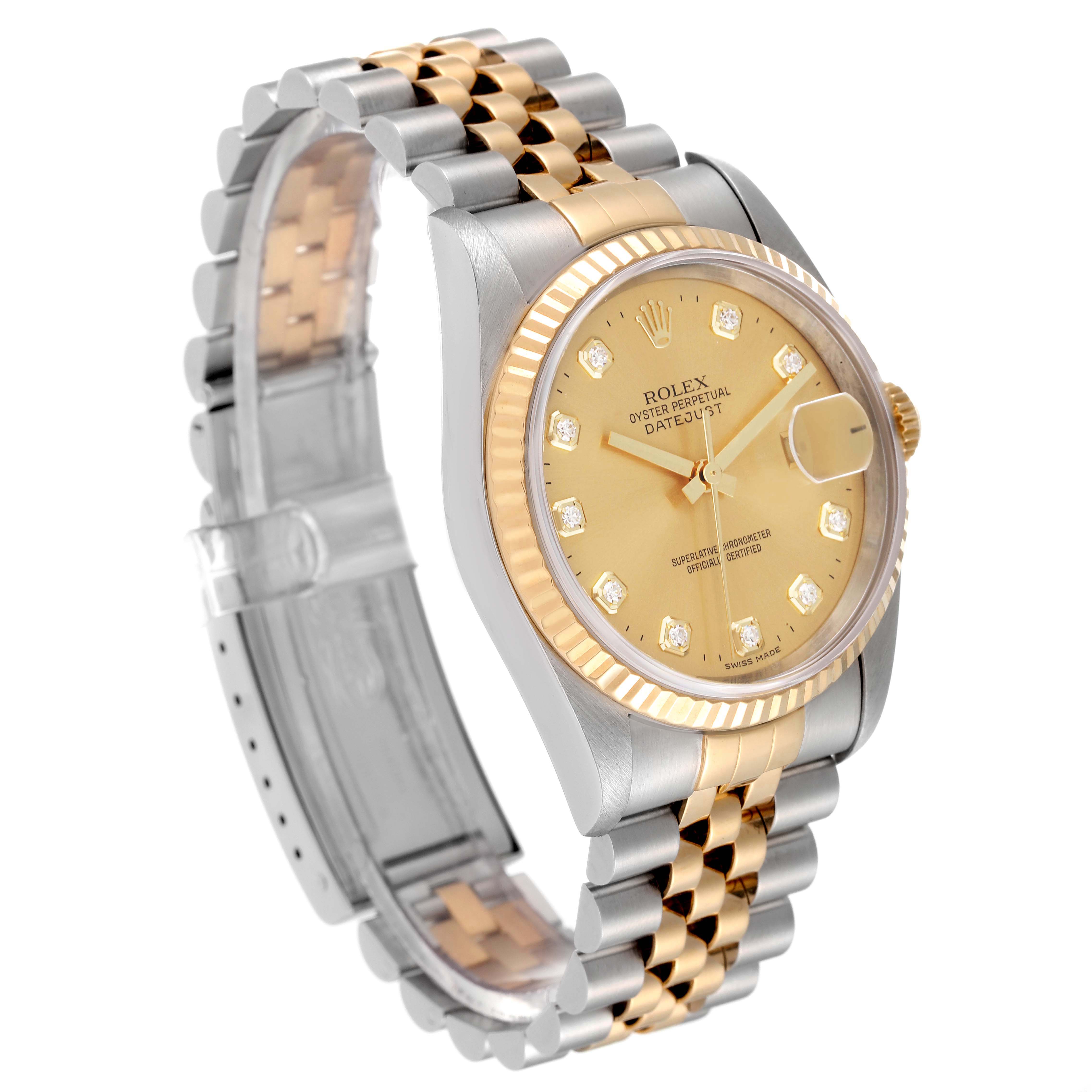 This Rolex Datejust 16233 Men's Steel and Gold (two tone) Champagne Dial 16233 Men's Steel and Gold (two tone) Champagne Dial watch is shown at an angle highlighting the face, bracelet, and crown.