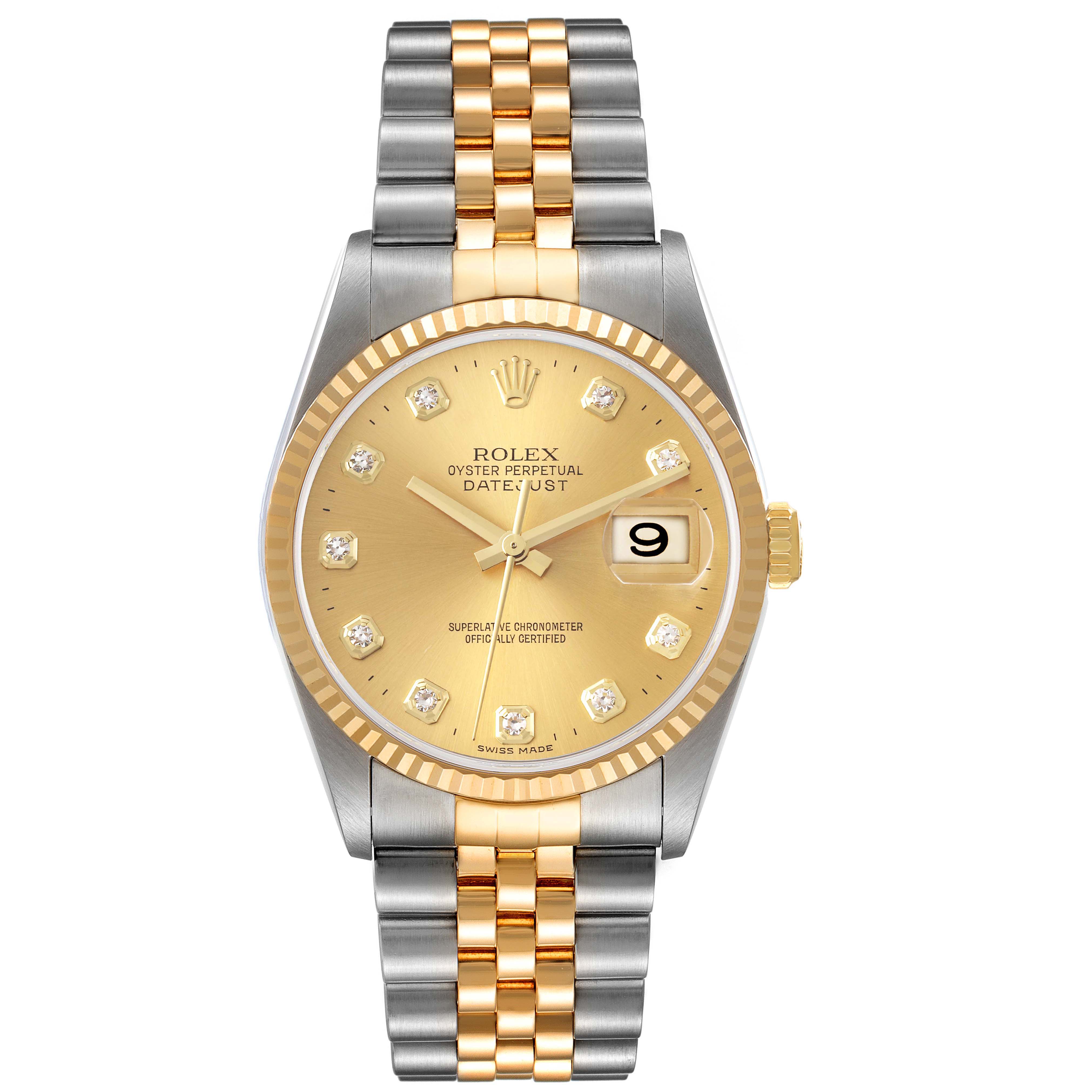 The image shows a Rolex Datejust 16233 Men's Steel and Gold (two tone) Champagne Dial 16233 Men's Steel and Gold (two tone) Champagne Dial watch from a front angle, featuring a gold dial, diamond hour markers, and a two-tone bracelet.